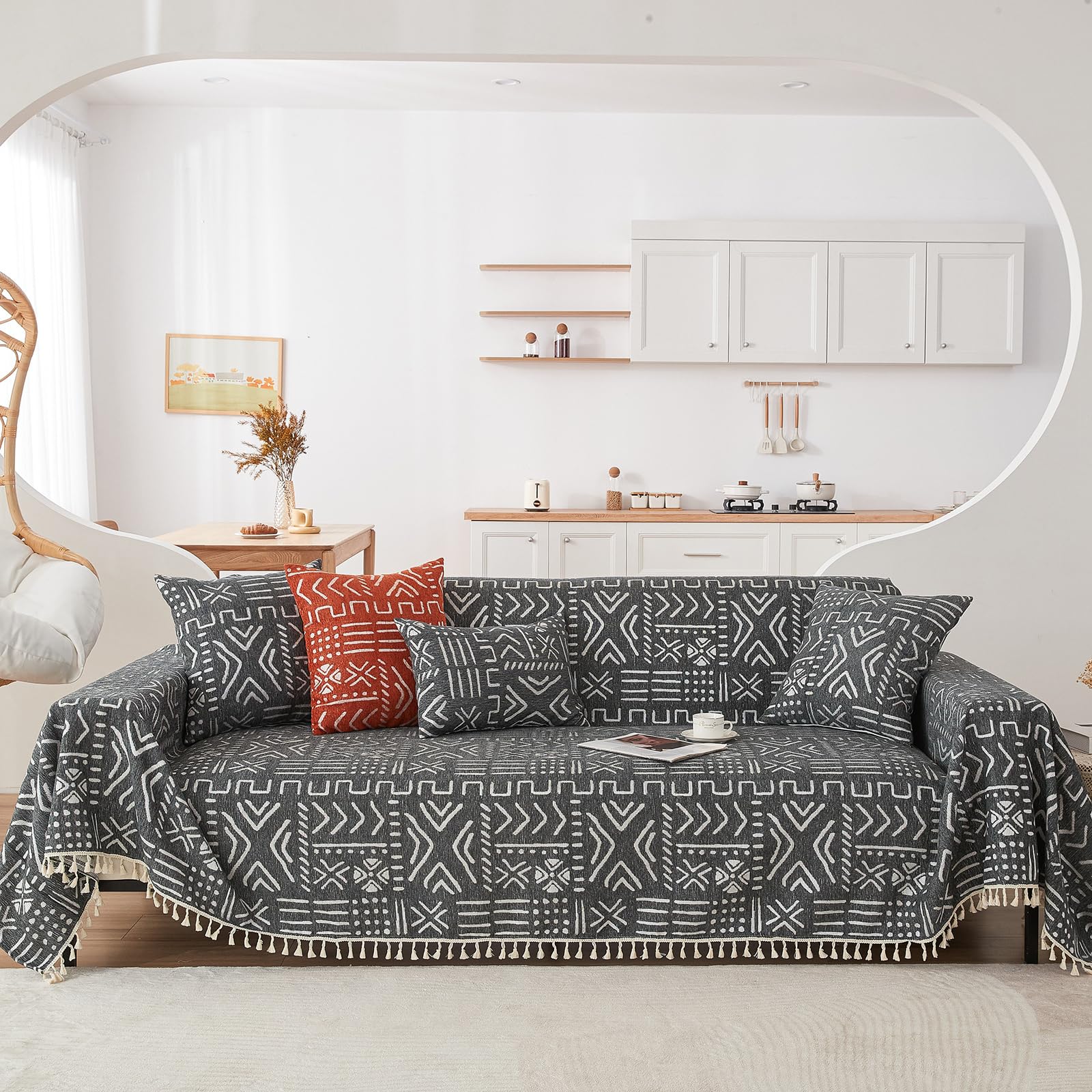 Handontime Black White Boho Sofa Cover Geometric Farmhouse Tassel Couch Covers Boho Living Room Décor Dog Sofa Covers For Slipcover Aesthetic Couch Cushion Cover Couch Protector For Dogs, 71' X134'