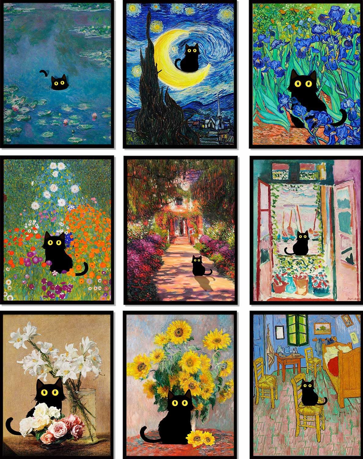 9Pcs Funny Black Cat Wall Art Cats in Famous Paintings Posters Prints Vintage Gallery Wall Decor Pictures Eclectic Cute Preppy A