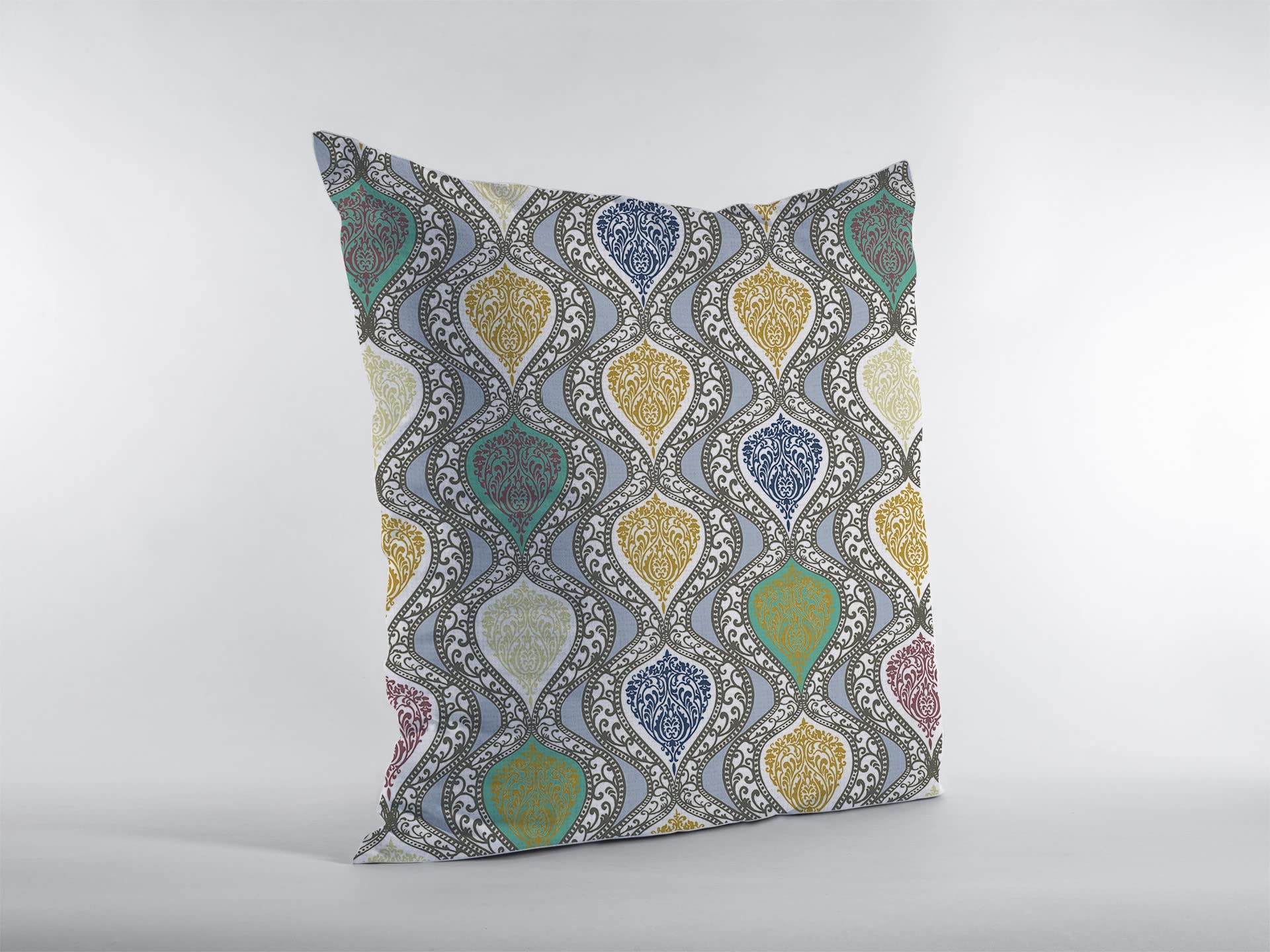HomeRoots Gold and Green On Gray 16â€ Gray Gold Ogee Decorative Suede Throw Pillow
