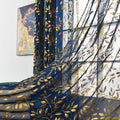 Deeprove Navy Blue Sheer Curtains 90 Inches Long For Bedroom Living Room Dining Room Nursery, Abstract Metallic Gold Foil Leaves