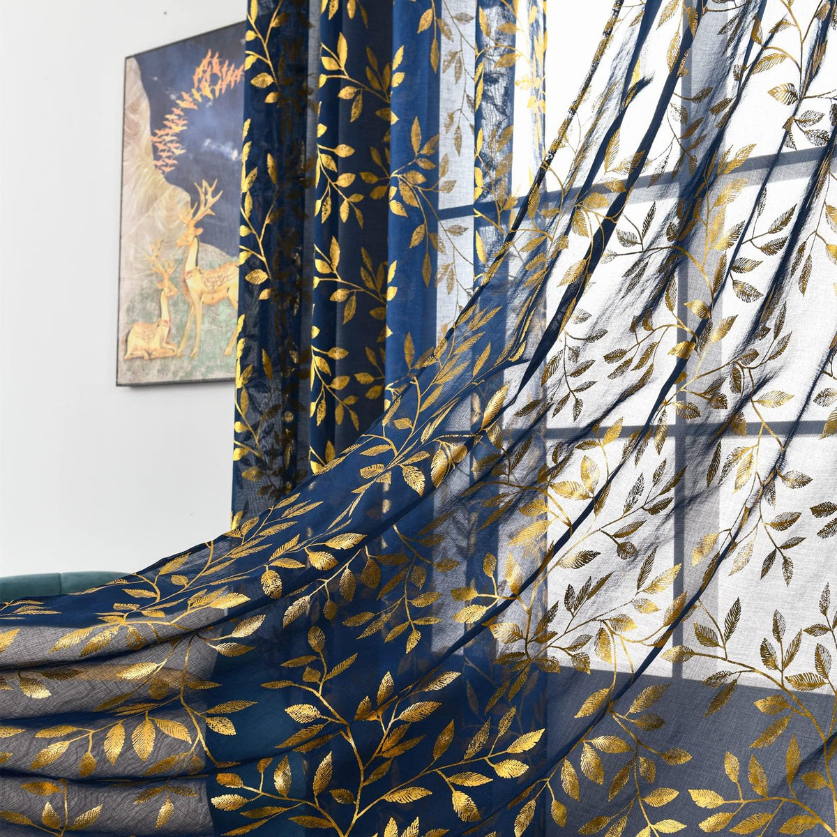 Deeprove Navy Blue Sheer Curtains 90 Inches Long For Bedroom Living Room Dining Room Nursery, Abstract Metallic Gold Foil Leaves
