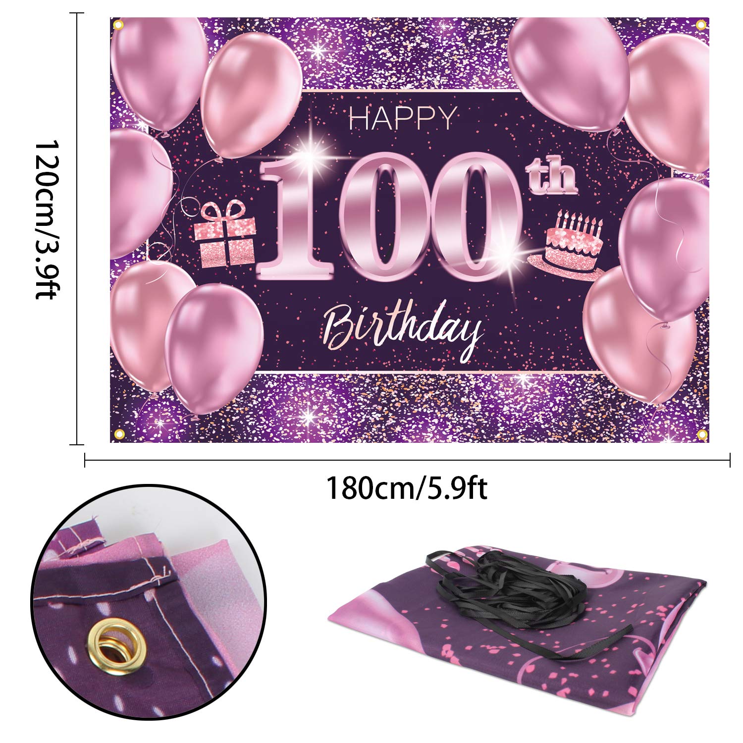 PAKBOOM 100th Birthday Backdrop Banner - Pink Purple Gold Polyester 4 x 6ft