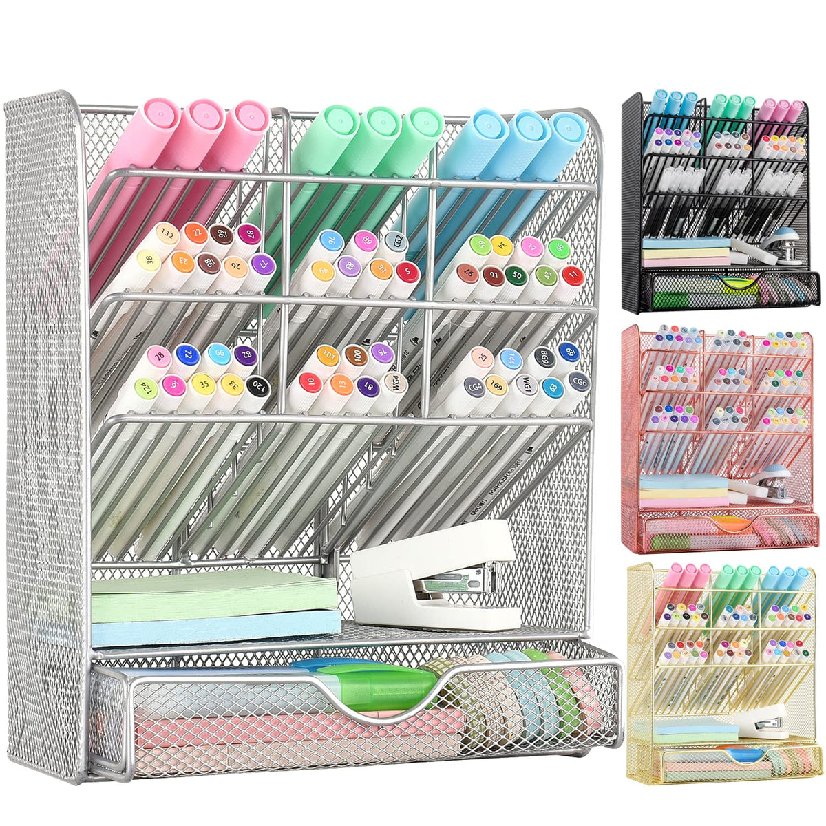 Spacrea Pen Holder Desk Organizer - Desk Organizers And Accessories, Pencil Holder With 10 Compartments And 1 Drawer (Silver)
