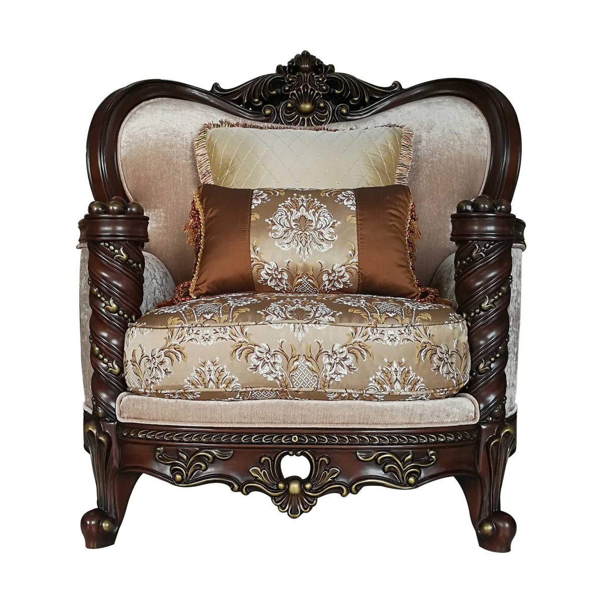 HomeRoots Upholstery, Wood Leg/Trim 37&quot; X 46&quot; X 49&quot; Fabric Dark Walnut Upholstery Wood Leg/Trim Chair w/2 Pillows