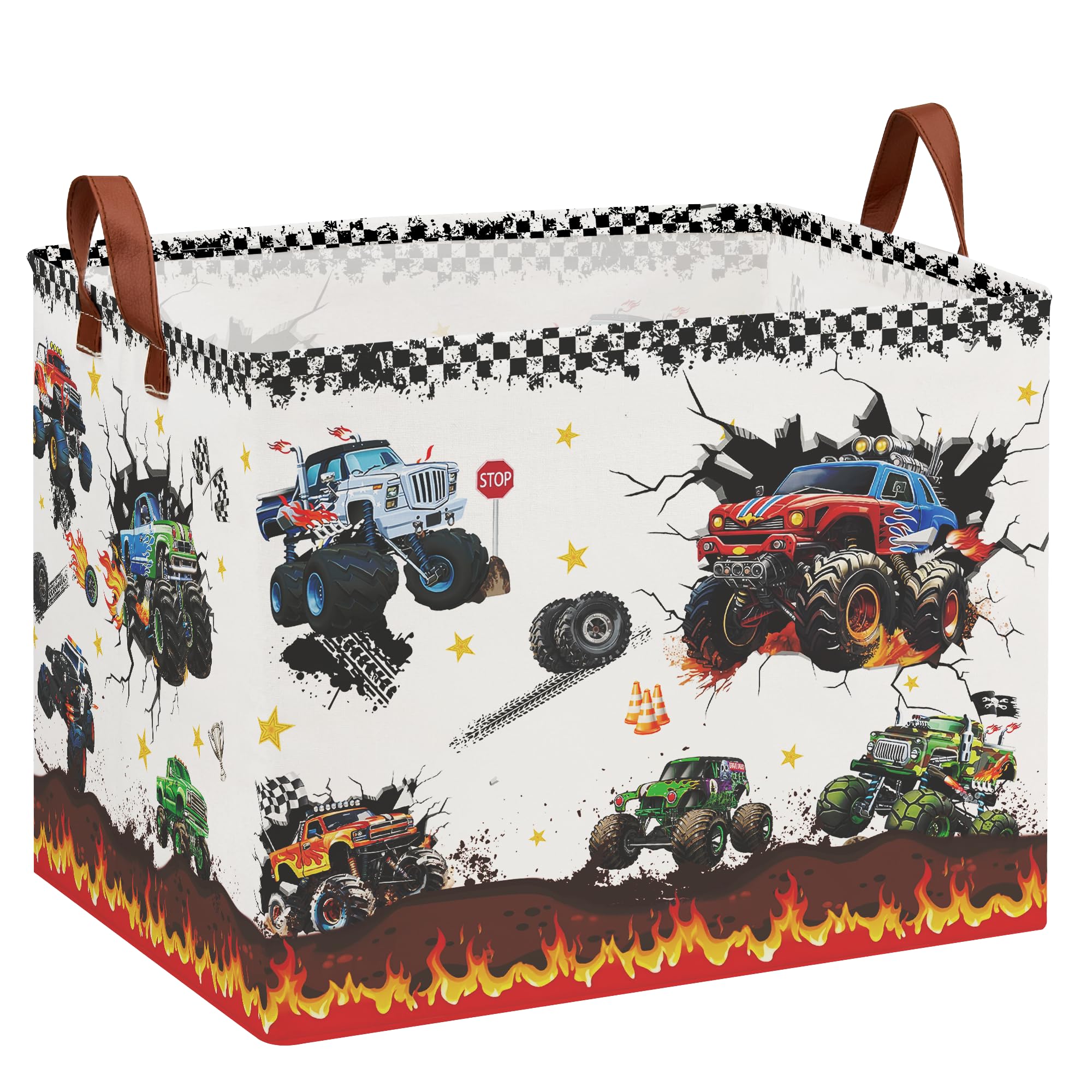 XHWZOF Monster Trucks Storage Basket,Collapsible Car Room Decor for Boys ,Waterproof Kids Laundry Hamper, Monster Trucks Baby St