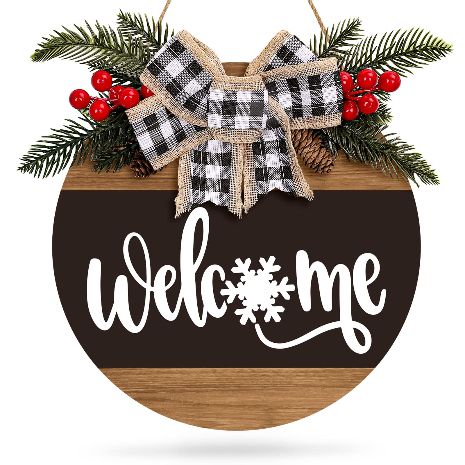 Whaline Christmas Wooden Hanging Sign Rustic Snowflake Welcome Door Hanger with Bow Winter Front Door Sign Decoration for Home I