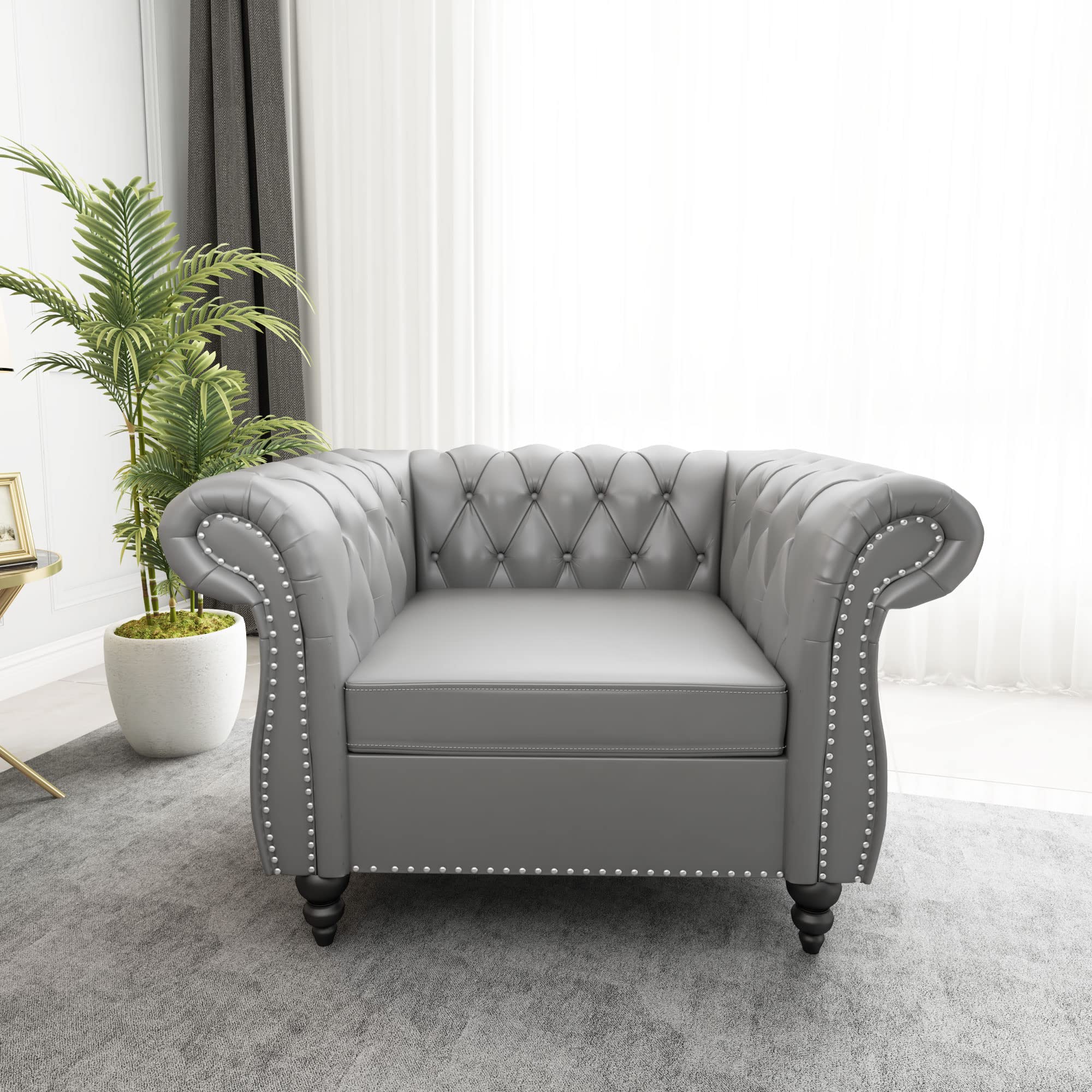 Chesterfield Chair, Modern Leather Tufted Accent Sofa Couch Chair With Rolled Arms And Nailhead For Living Room, Bedroom, Office
