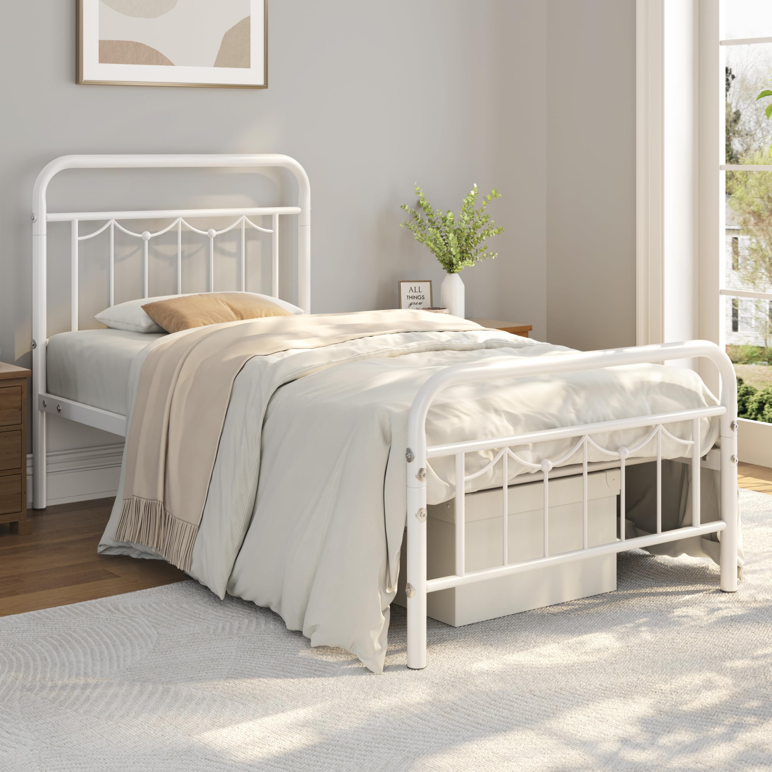 Yaheetech Twin Size Metal Bed Frames With Vintage Headboard And Footboard, Farmhouse Metal Platform Bed, Heavy Duty Steel Slat Support, Ample Under-Bed Storage, No Box Spring Needed, White