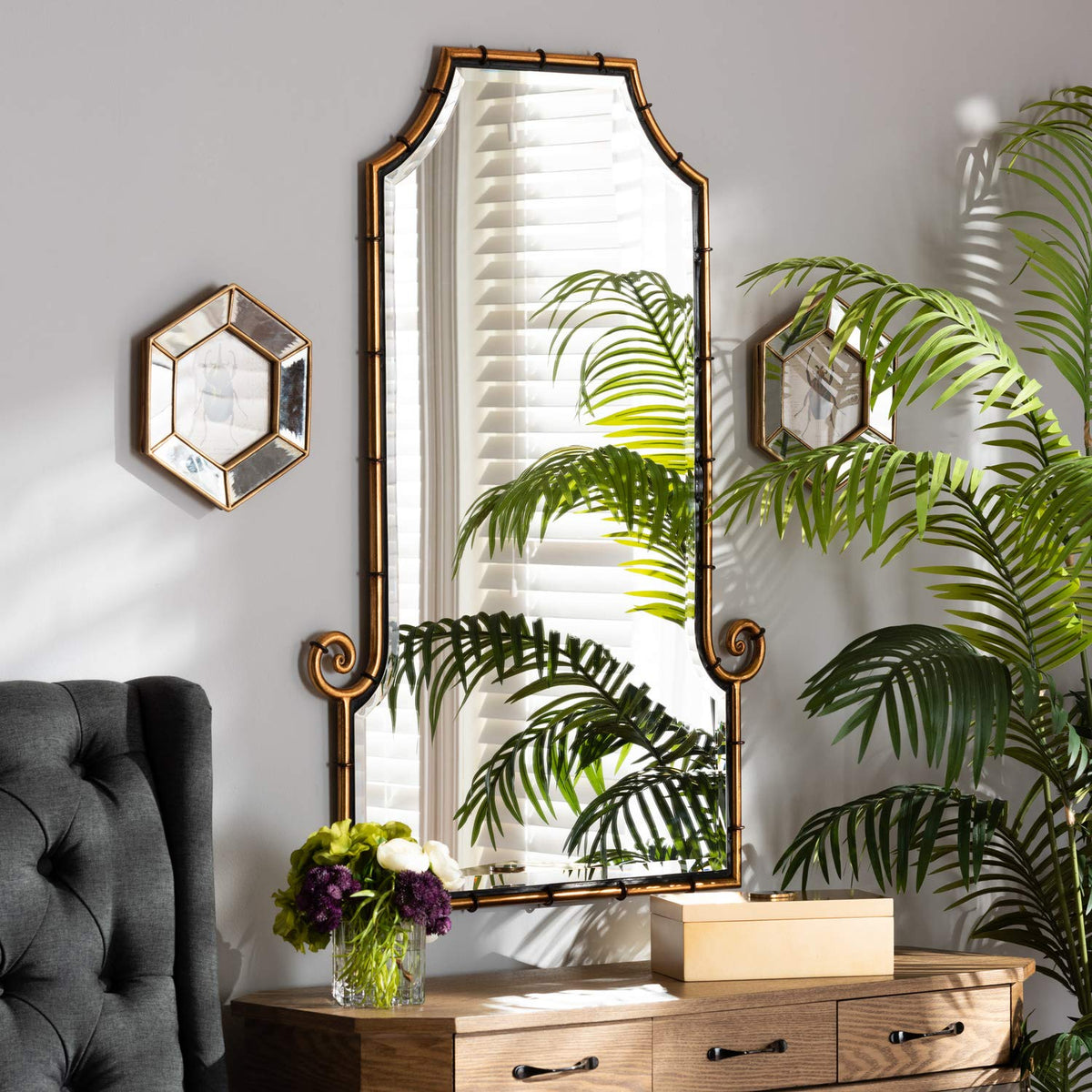 Baxton Studio Layan Glamourous Hollywood Regency Style Gold Finished Metal Bamboo Inspired Accent Wall Mirror