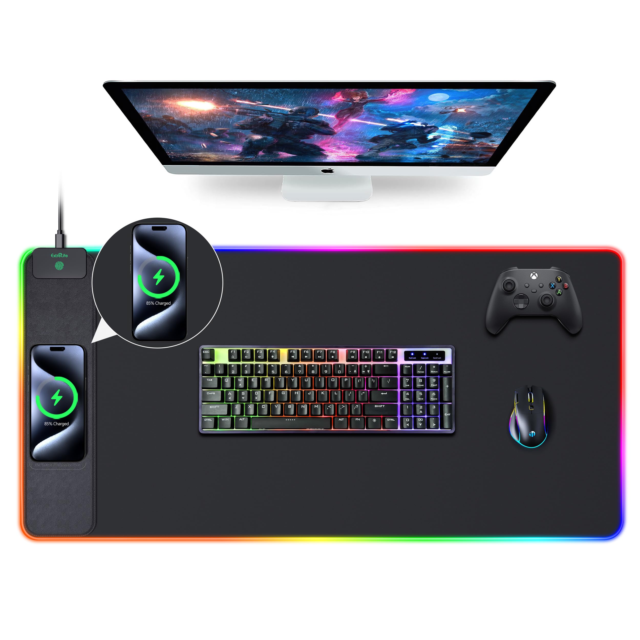 Wireless Charging Mouse Pad, RGB Gaming Desk Mat, 31.5x15.7 Large XXL Desk Pad, 15 Lighting Modes, Ultra-Smooth Surface, Non-Sli
