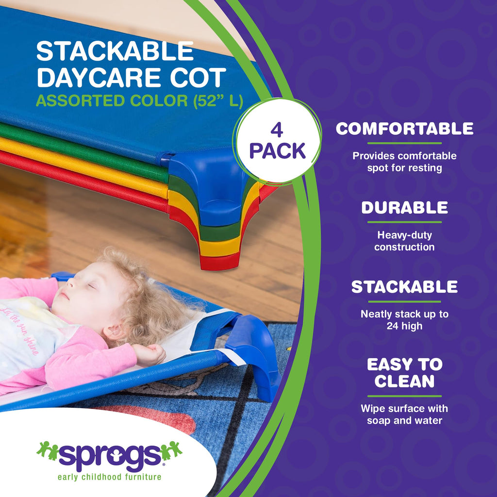 Stackable Cotts Sprogs Heavy-Duty Stackable Standard Size 52'L Daycare Cots For Kids A ...