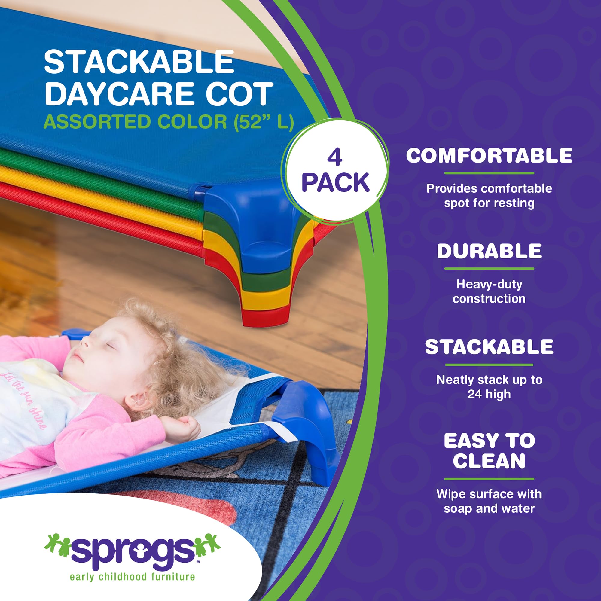 Sprogs Heavy-Duty Stackable Standard Size 52'L Daycare Cots For Kids And Toddlers, Stacking Preschool Classroom Kids Cots For Sleeping, Resting, Naptime, Pack Of 4, Assorted Color