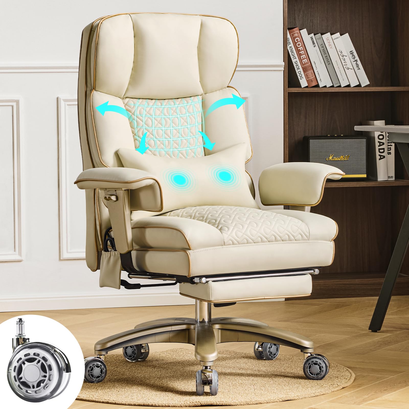 Ergonomic Executive Office Desk Chair With Adjustable Air Lumbar Support, Luxury Boss Chair With High-Back Leather Recliner, 3-L