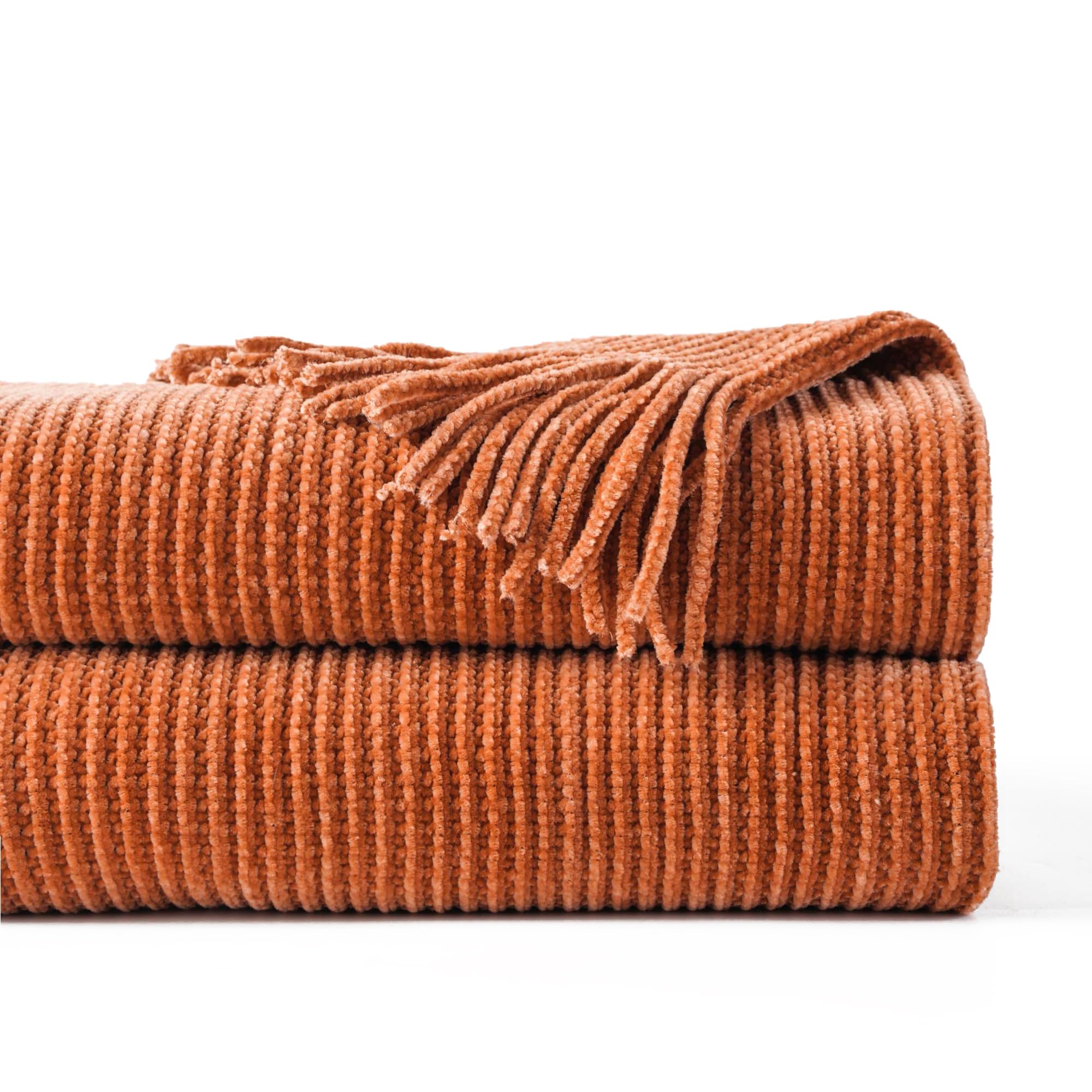 Battilo Home Rust Orange Throw Blanket For Couch, Soft Chenille Knit Throws With Tassels For Home Decor, Fall Caramel Throws For