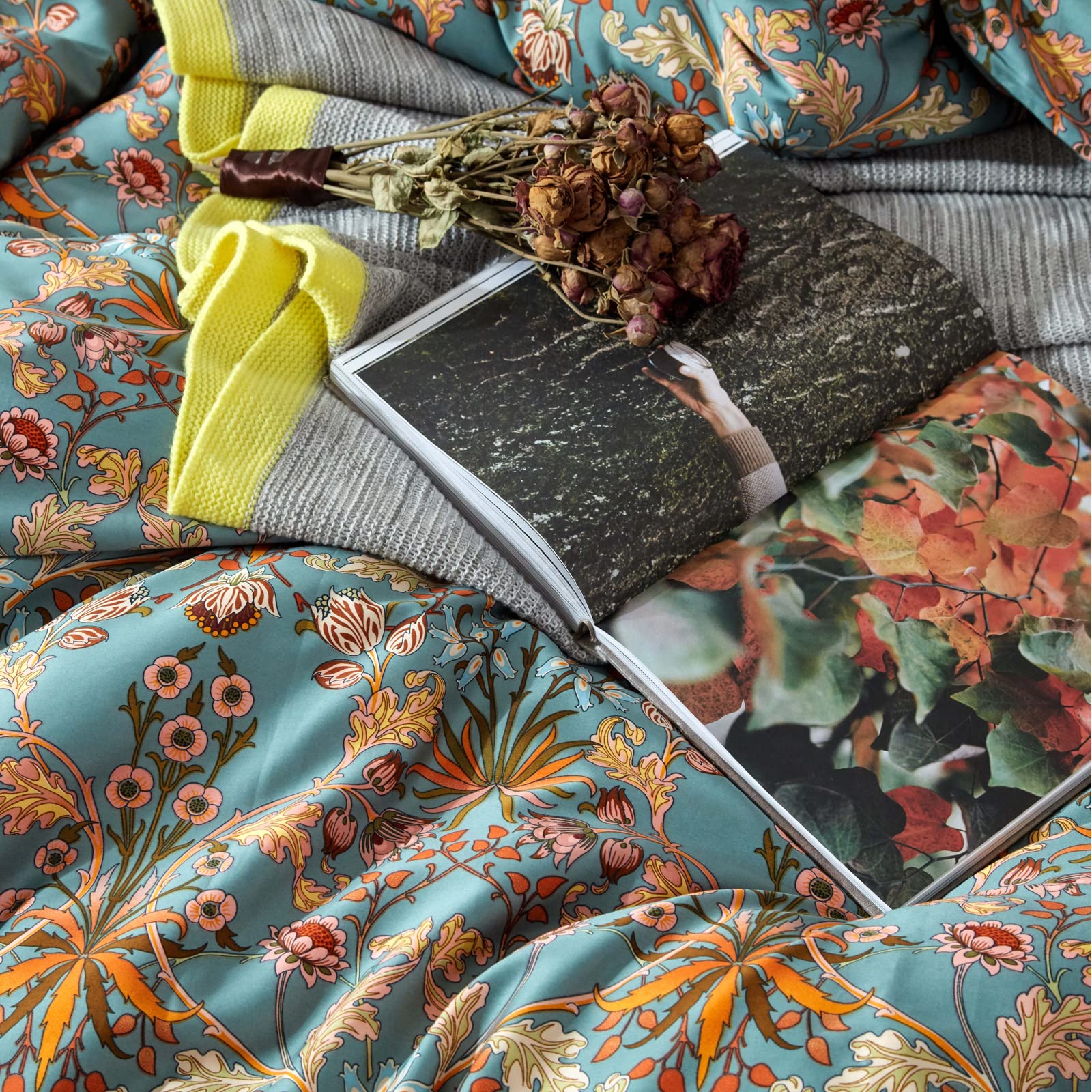 Mixinni Vintage Style Garden Flower Queen Duvet Cover With Zipper Closure Soft Long Staple Percale Cotton Vibrant Pattern On Blu
