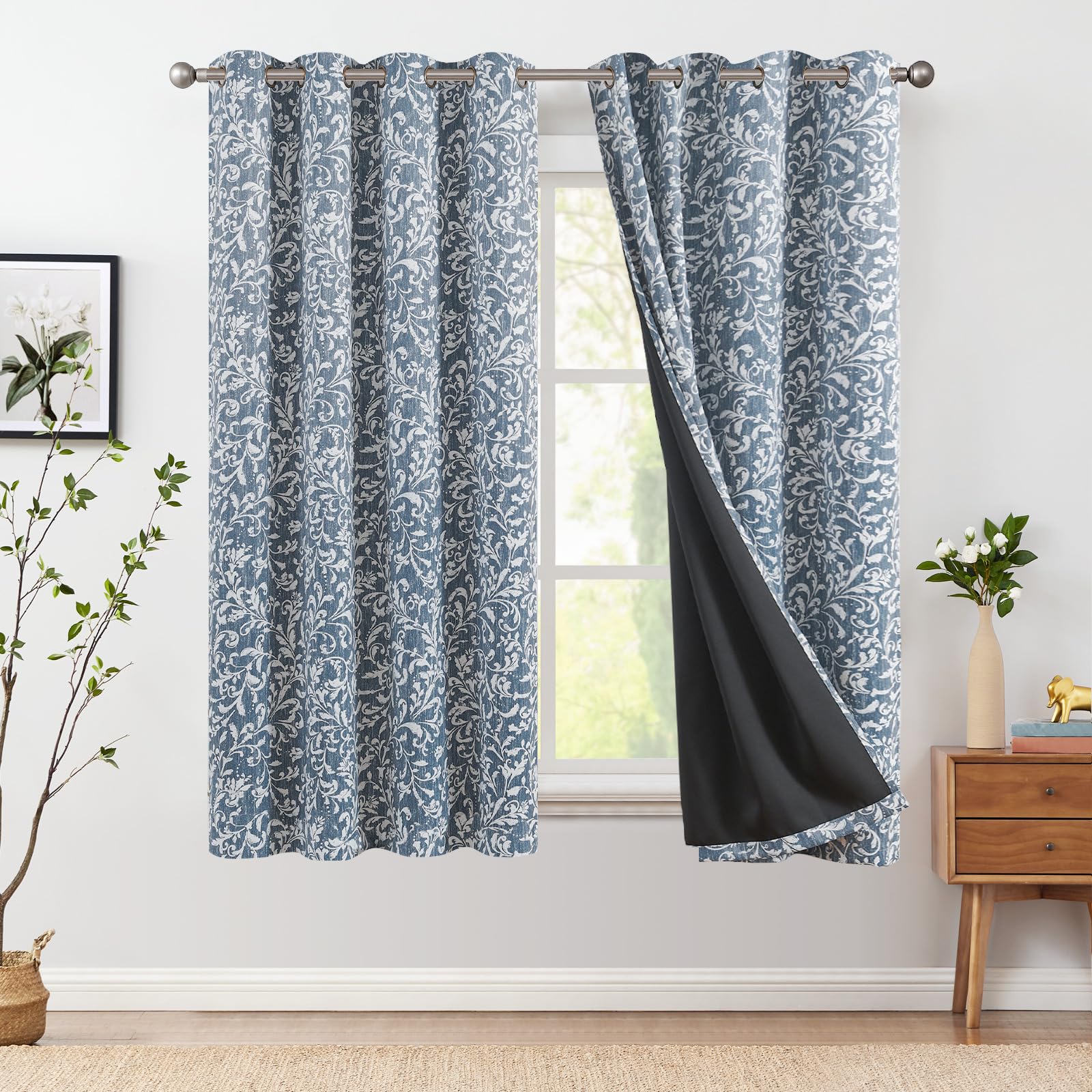 Jinchan 100% Blackout Curtains For Bedroom, Blue Scroll Floral Patterned Curtains 72 Inch Length For Living Room, Farmhouse Vintage Art Deco Drapes, Thermal Insulated Window Curtains Grommet 2 Panels