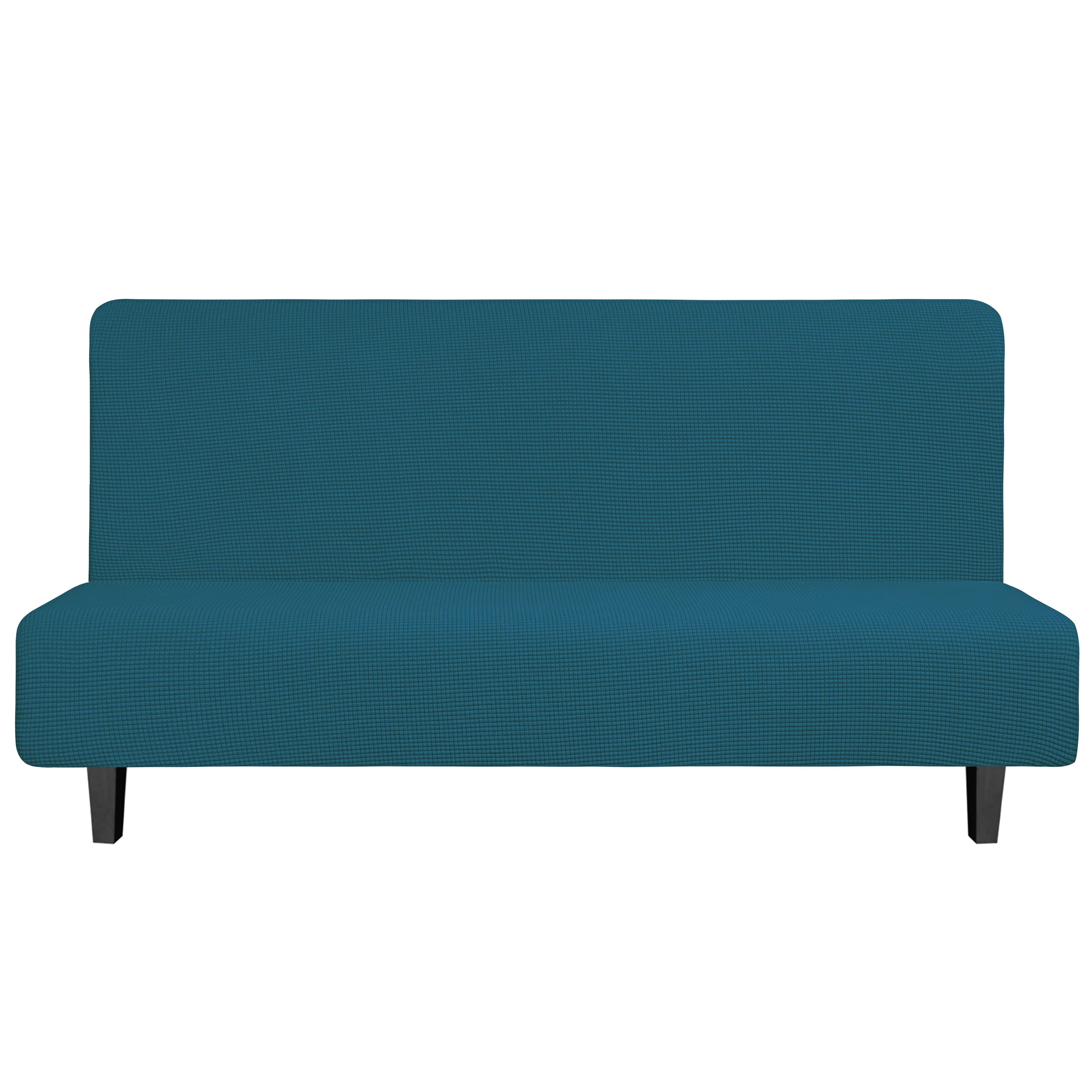 Easy-Going Stretch Futon Slipcover Armless Futon Bed Cover Furniture Protector Without Armrests With Elastic Bottom For Kids, Soft Jacquard Fabric Small Checks (Large, Peacock Blue)