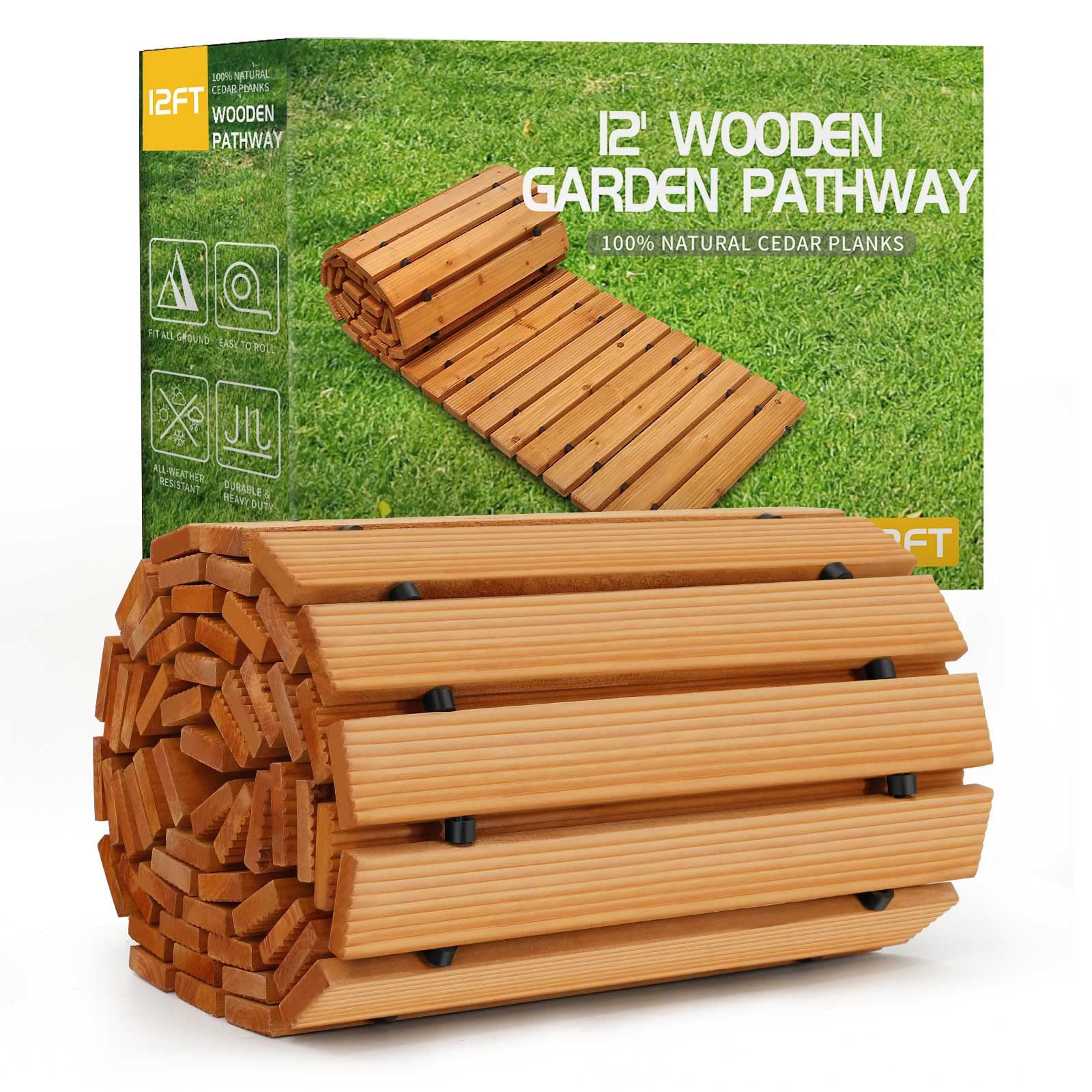 Reliancer Wooden Garden Pathway,Outdoor Roll Out Cedar Straight Walkway,Patio Path Decorative Garden Boardwalk Walkways,Weather-
