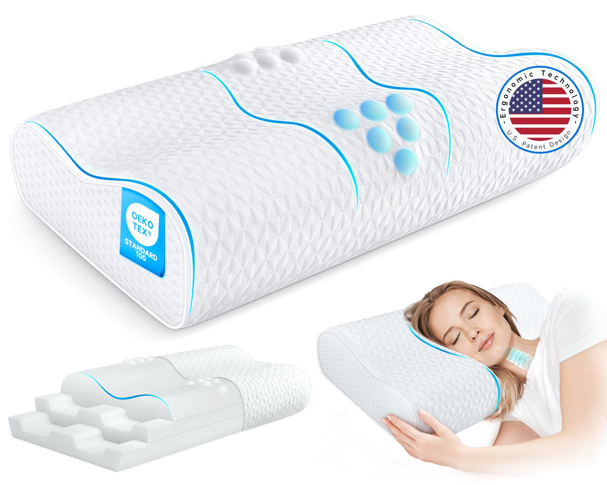 Zibroges Sandwich Cervical Neck Pillow Queen Size - Dynamic Memory Foam Pillow For Neck Shoulder Pain Relief, Ergonomic Adjustab