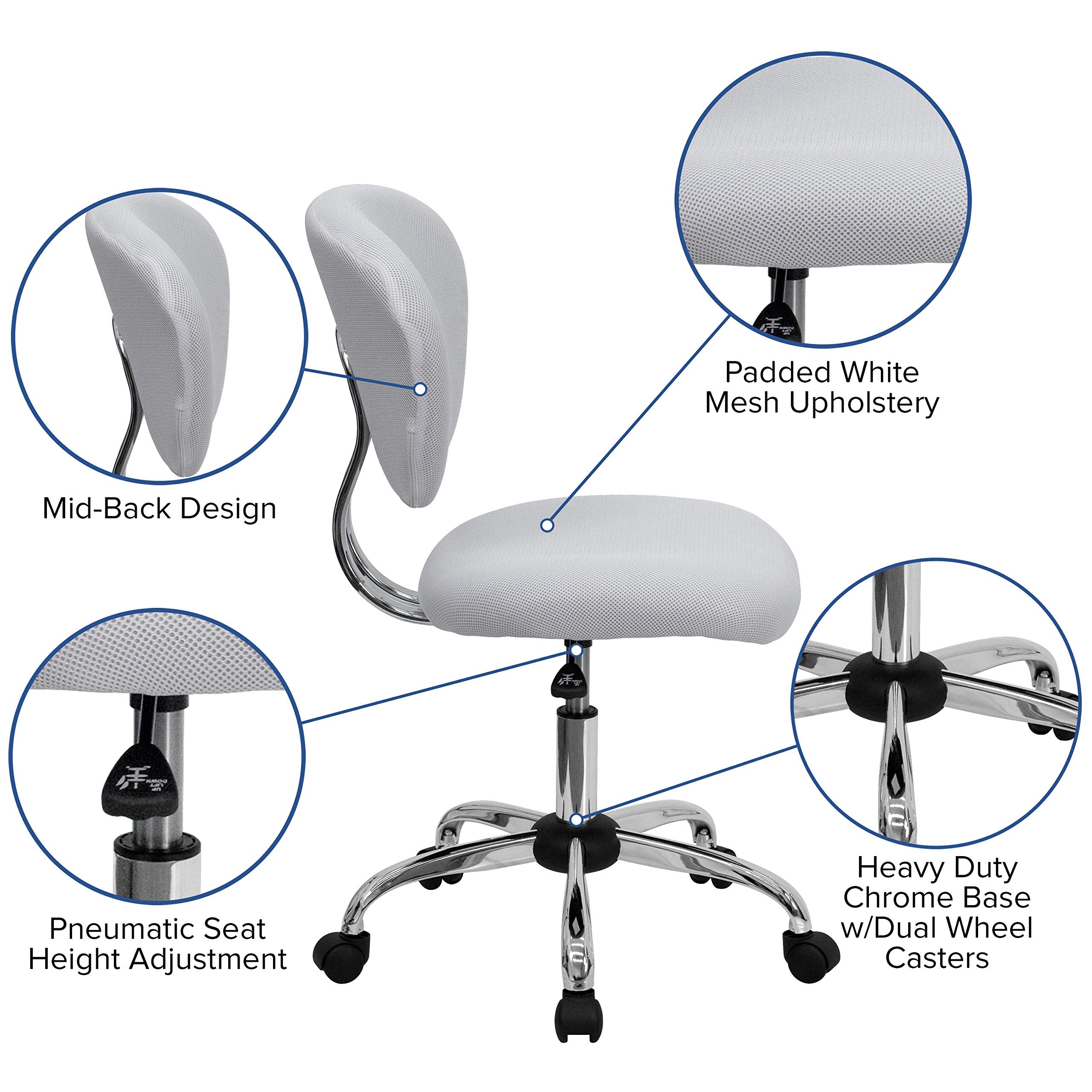 Flash Furniture Beverly Mid-Back White Mesh Padded Swivel Task Office Chair with Chrome Base