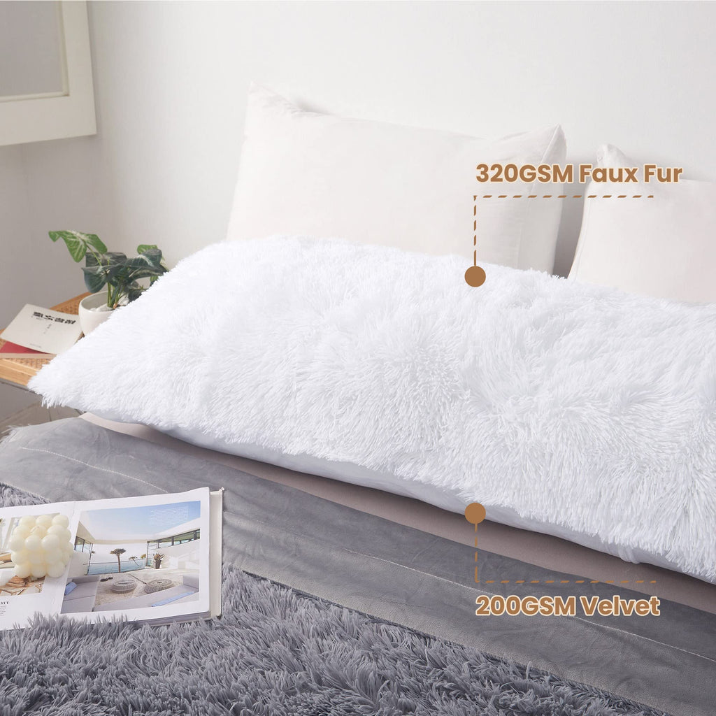 Mego Luxury Fluffy Body Pillow Cover, 20X54 Shaggy Faux Fur Body Pillow Case, White Soft Plush Fuzzy Body Pillowcase, Decorative