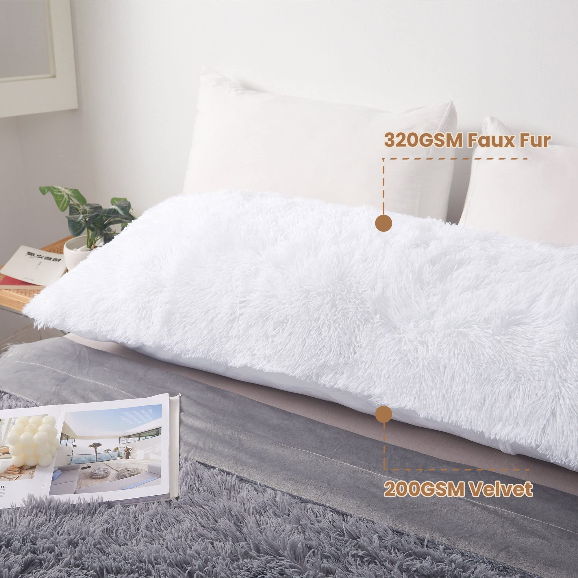Mego Luxury Fluffy Body Pillow Cover, 20X54 Shaggy Faux Fur Body Pillow Case, White Soft Plush Fuzzy Body Pillowcase, Decorative