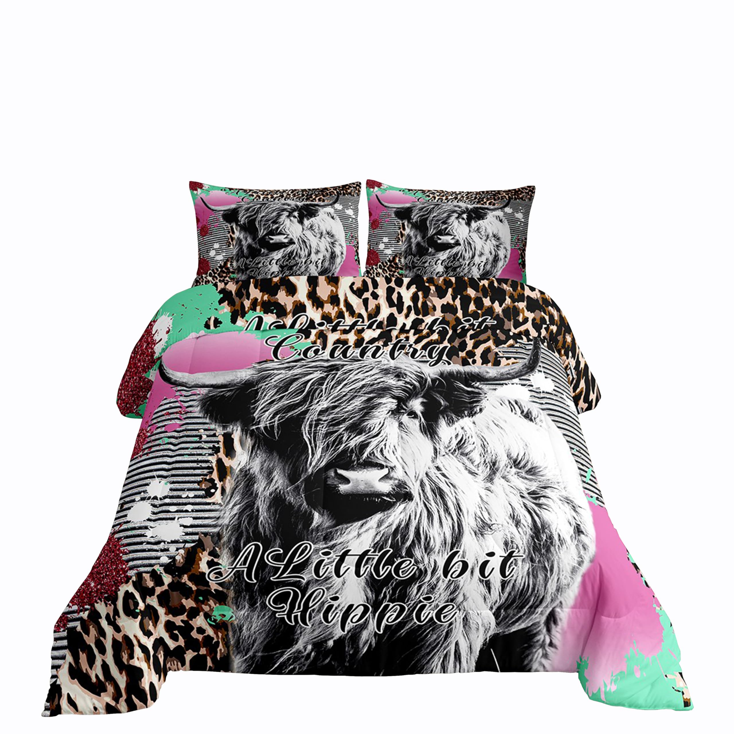 Erosebridal Highland Cow Bedding Set Leopard Print Down Comforter For Boys Teens,Hippie Bull Cattle Comforter Set Wildlife Farmh