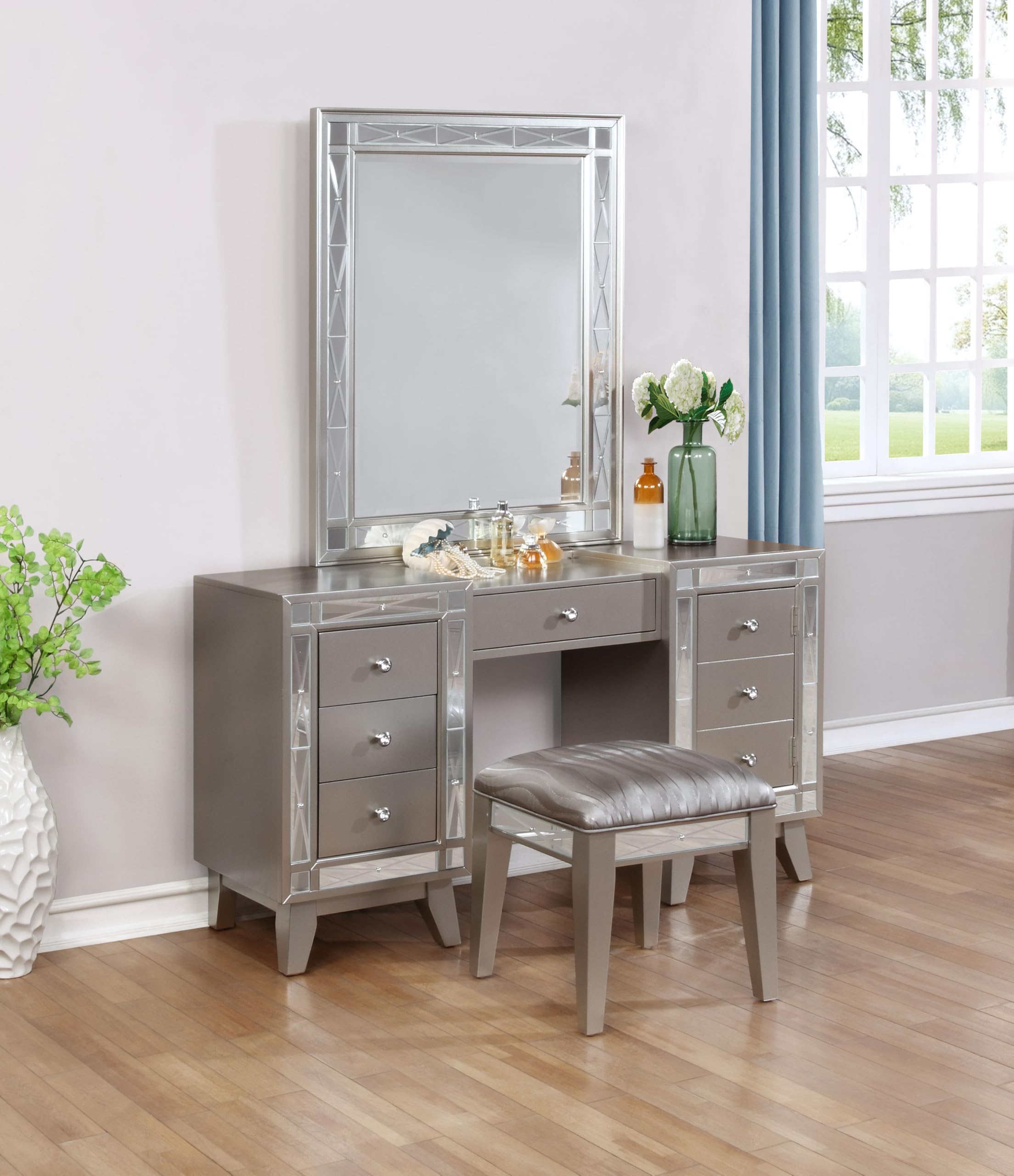 Coaster Home Furnishings Leighton Modern Classic 3-Piece 7-Drawer Makeup Vanity Desk with Mirror for Bedroom Makeup Table with Upholstered Vanity Seating Mirrored Details Metallic Mercury 204927-SET
