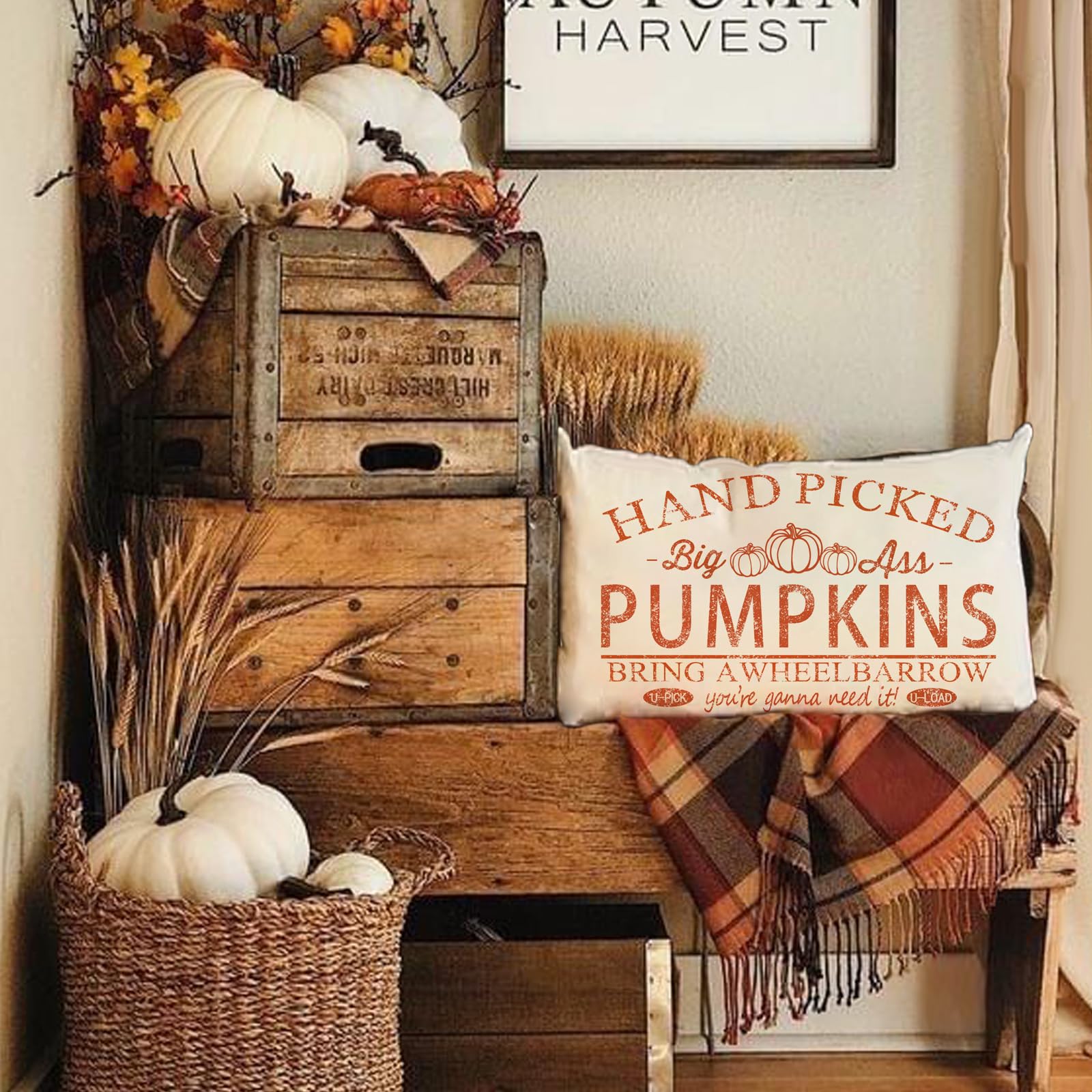 Fall Pillow Covers 12X20 Inch Hand Picked Pumpkin Lumbar Throw Pillow For Fall Farmhouse Decorations Fall Pillows Outdoor Decora