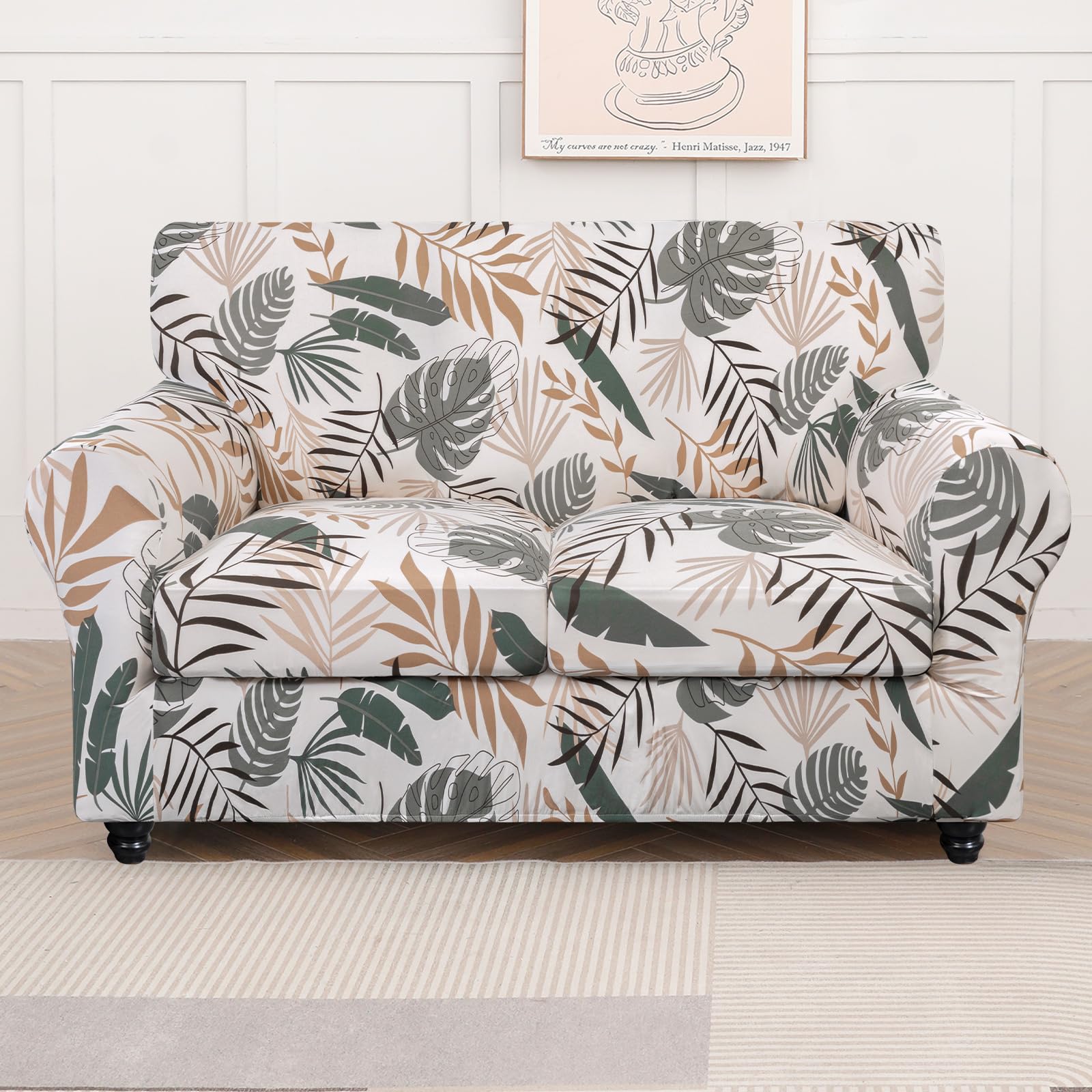 Searchi Stretch Sofa Cover Printed Couch Cover, Floral Pattern 3 Pieces Loveseat Slipcover With 2 Separate Cushion Cover, Washable Furniture Protector For Living Room(Loveseat, Botanical Palm)