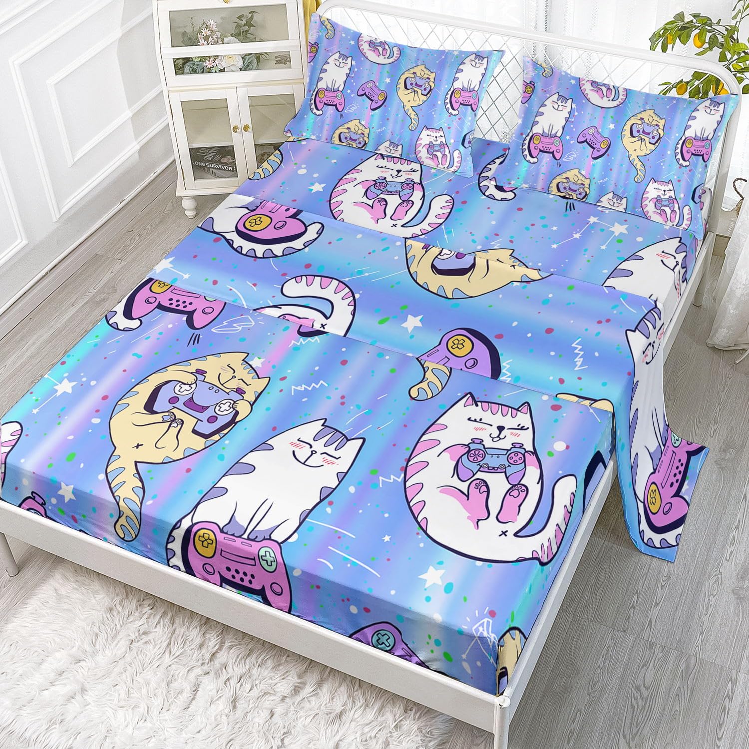 Datura Home Bedding Fitted Sheet And Flat Sheet Set 4Pcs Blue Cat Printed Bedding Set With 1 Flat Sheet And 1 Fitted Sheet + 2 P