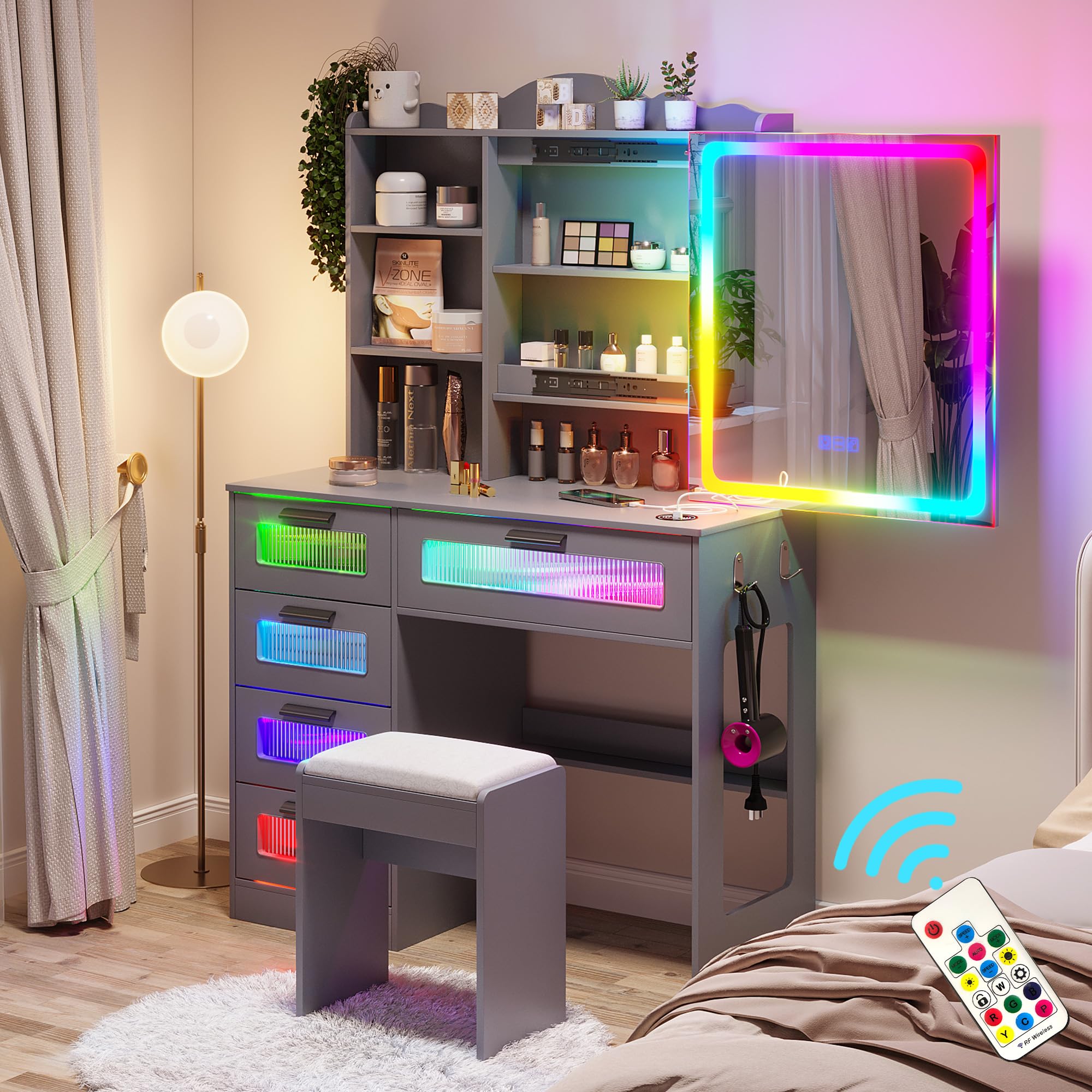 HNEBC Vanity Desk with Sliding Mirror and LED Lights, RGB Vanitys with Charging Station, Makeup Vanitys with Remote Control, Whi