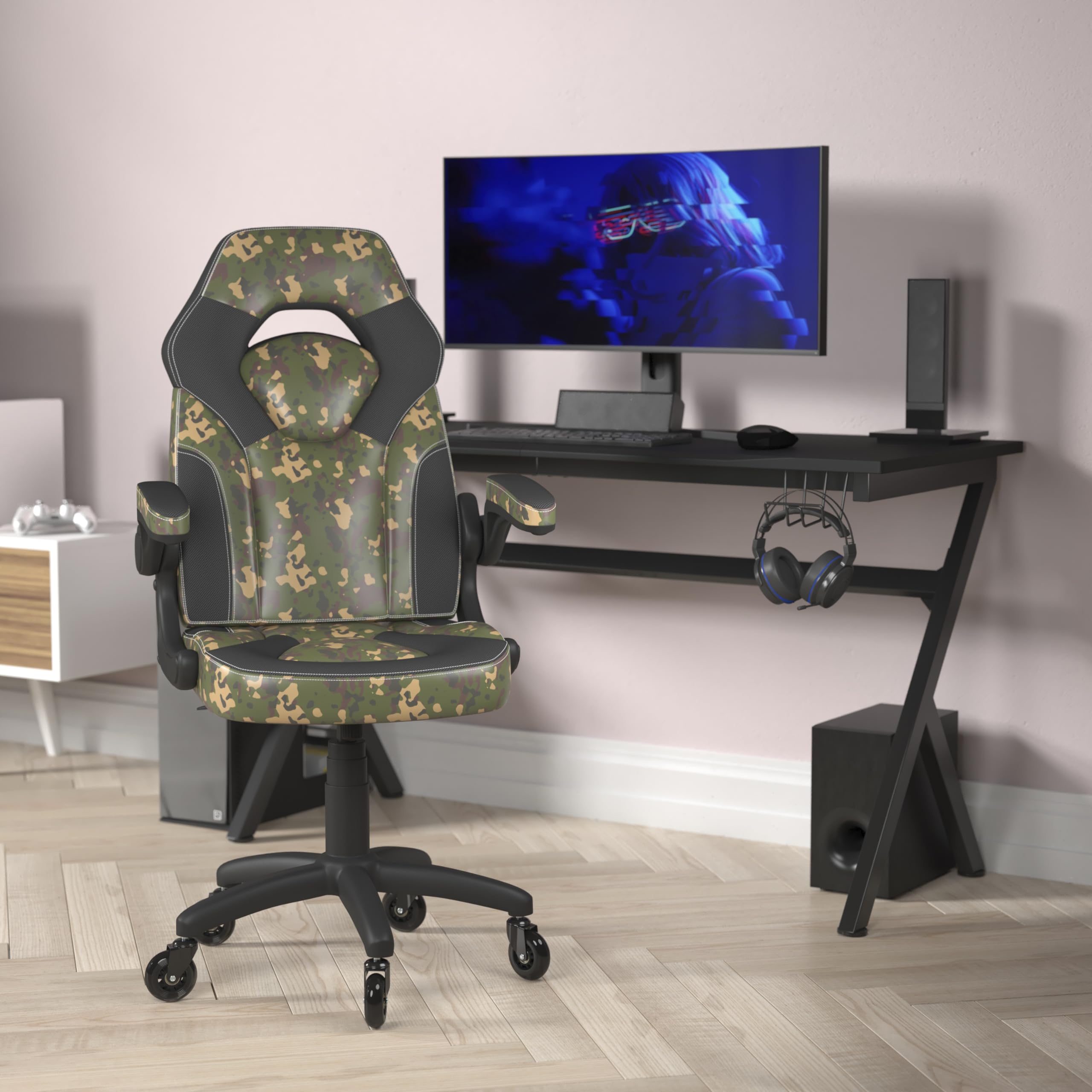 Flash Furniture X10 Gaming Chair Racing Computer Pc Adjustable Chair With Flip-Up Arms And Transparent Roller Wheels, Camouflage/Black Leathersoft