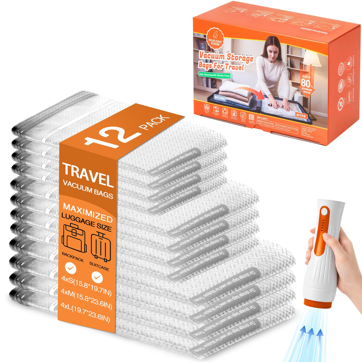12 Pack Vacuum Compression Storage Bags for Travel with Pump