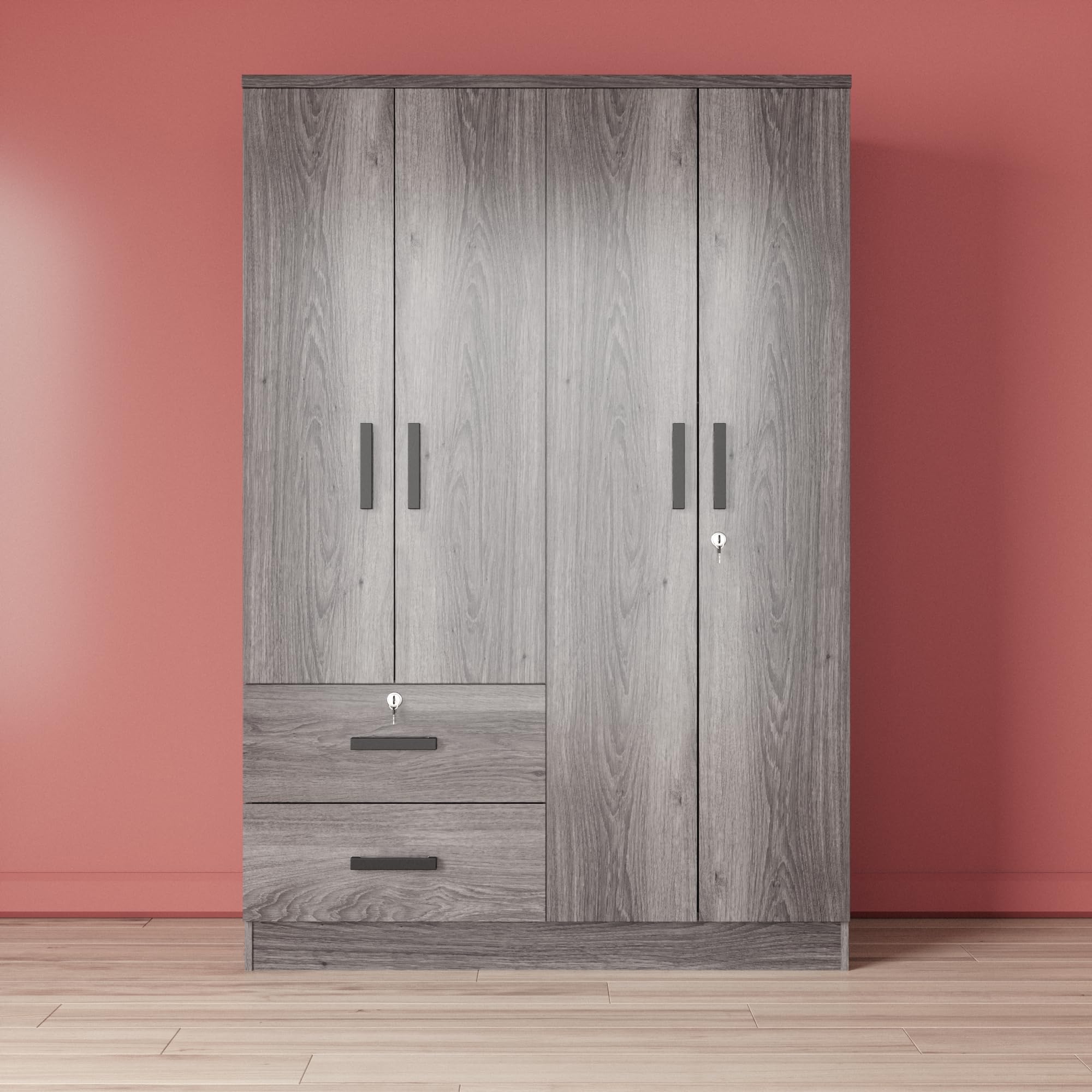 Better Home Products Luna Modern Wood 4 Doors 2 Drawers Armoire in Gray