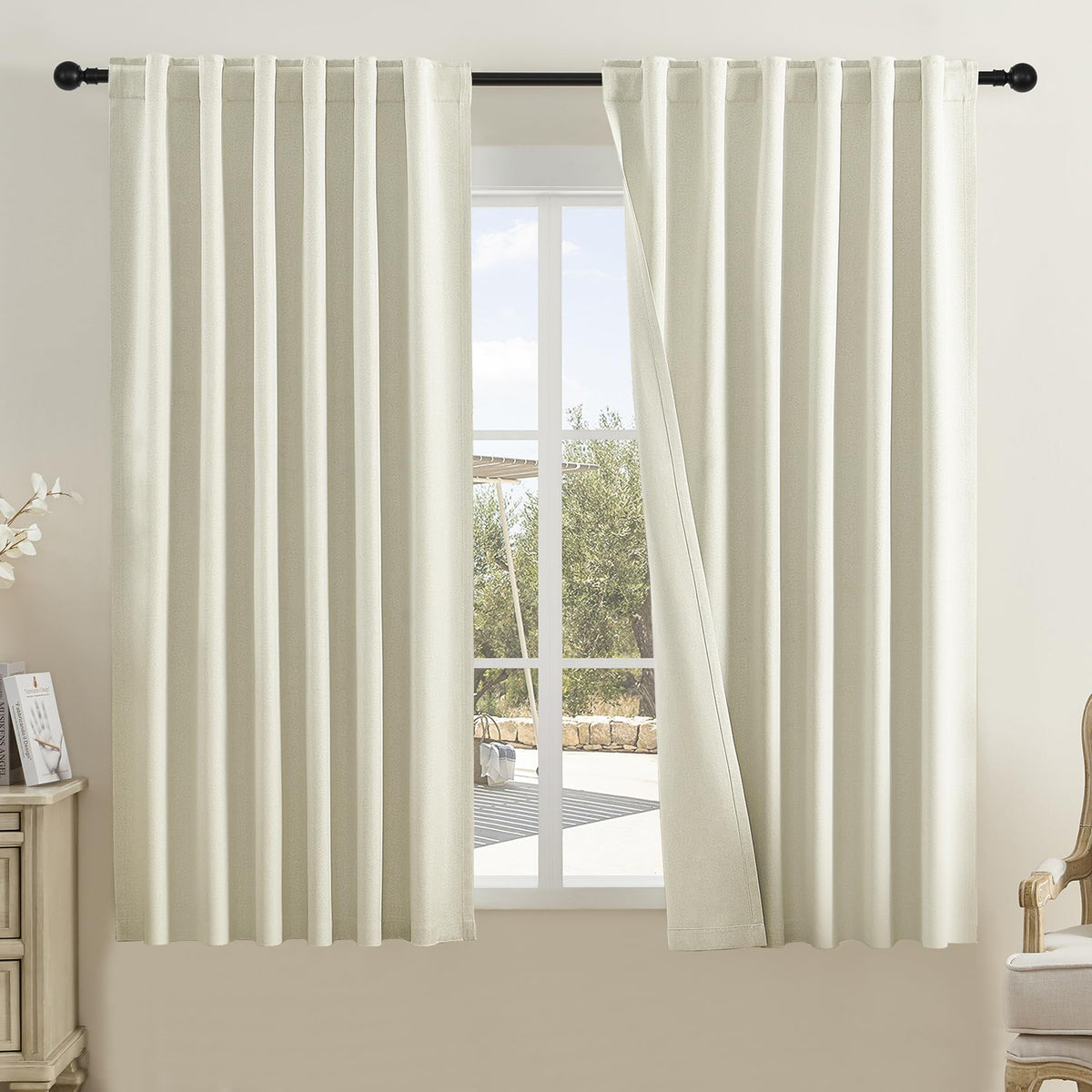 Dualife Beige Curtains 72 Inch Length 2 Panels Set-Faux Linen Textured Back Tab Loop Hook Belt Pleated Tall Drapes For Living Ro