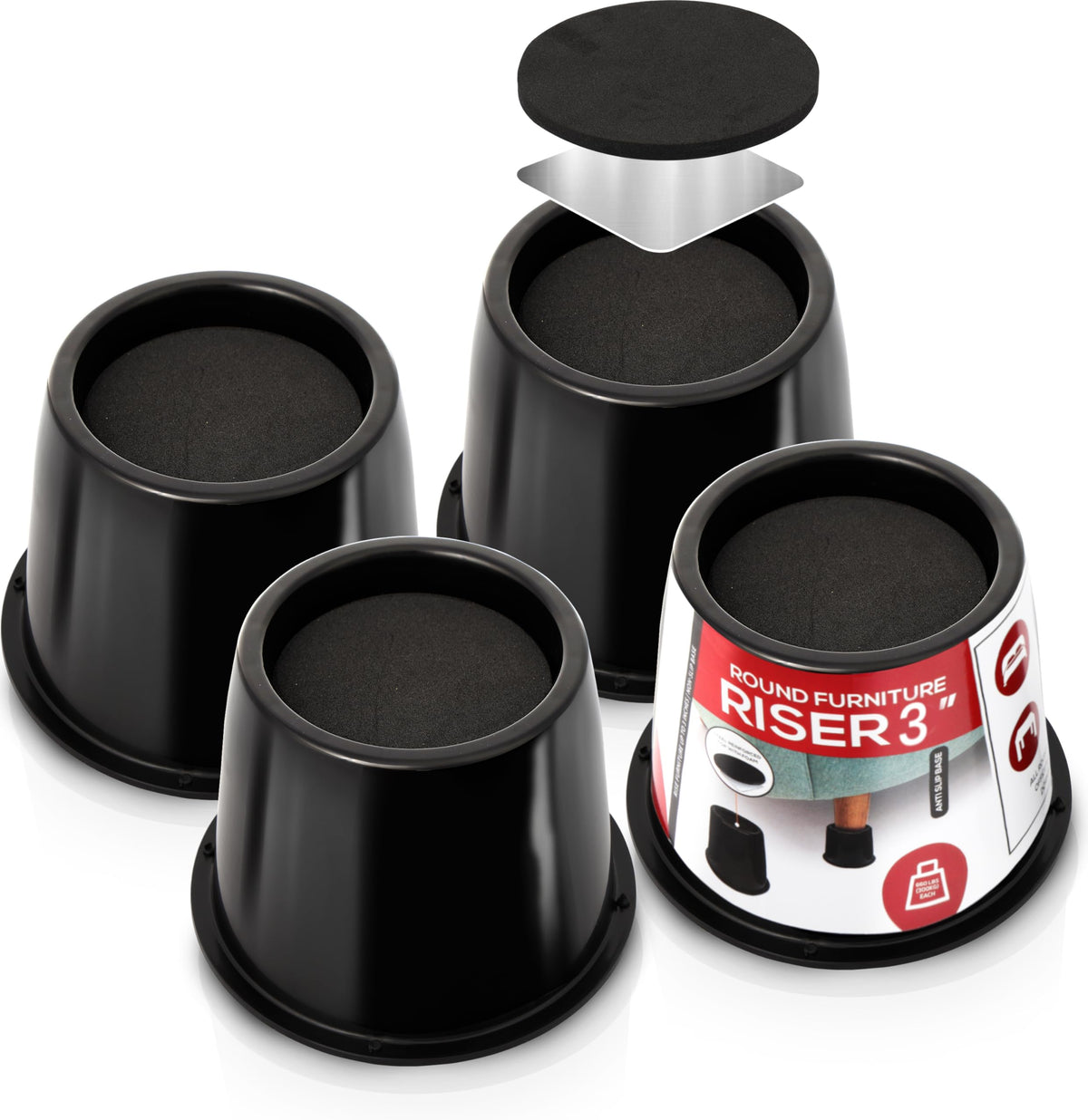 Utopia Bedding Bed Risers 3 Inch - 4 Pack - Round Furniture Risers With Top Anti-Slip Foam With Metal Plate & Bottom Rubber Pads