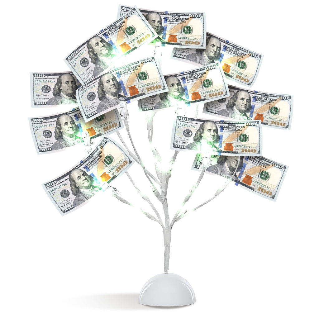 MEIN SCHATZ Money Tree Gift Card Holder with 10 Clips & LED Lighted Tips - White Money Tree Gift Holder for Cash - Ideal Present