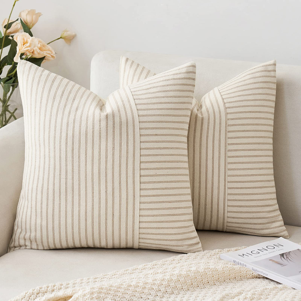 Miulee Khaki And Beige Patchwork Farmhouse Pillow Covers 18X18 Inch, Pack Of 2 Striped Linen Decorative Modern Accent Pillow Cas