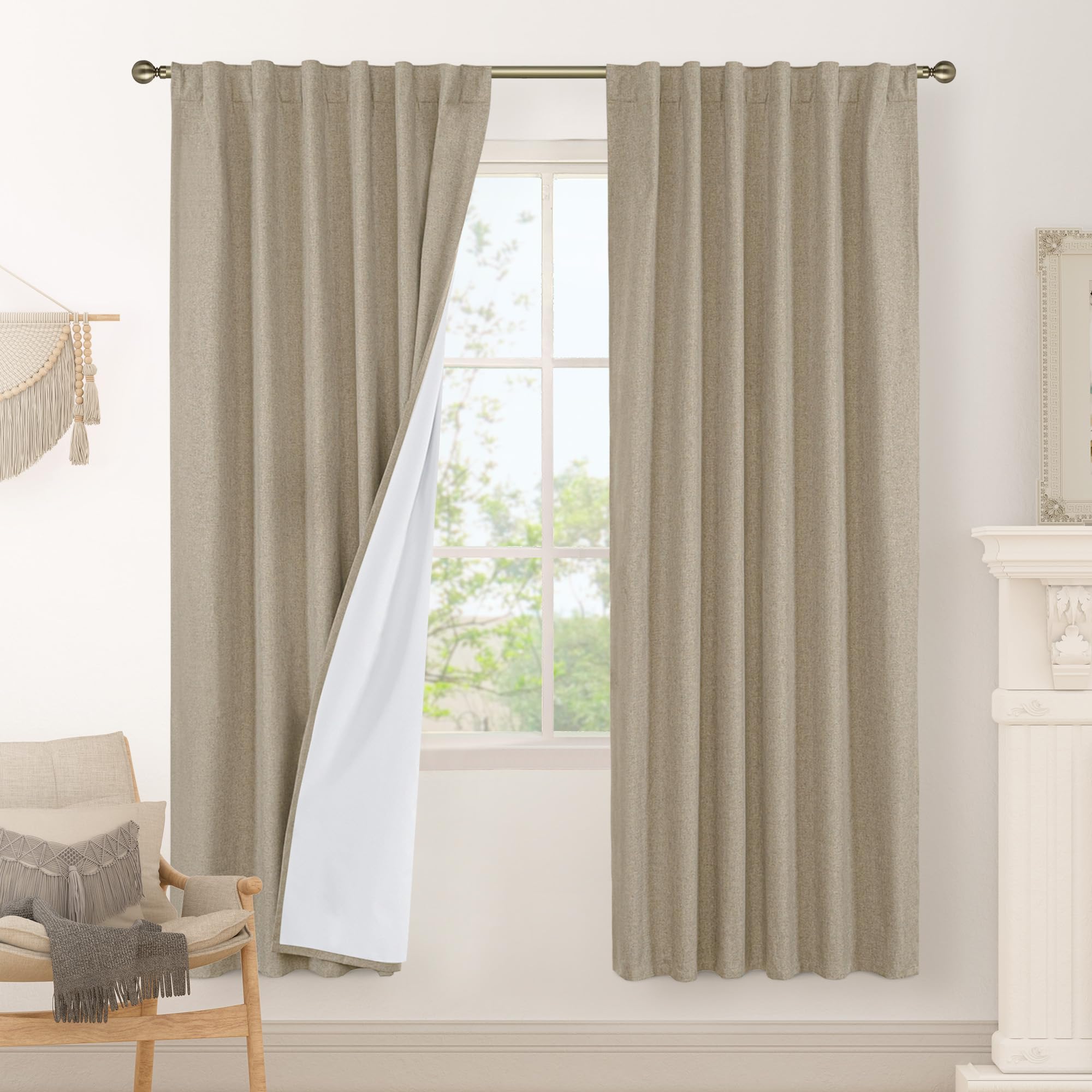 LAMIT 100% Blackout Natural Linen Curtains, 78 Inches Linen Textured Thermal Bedroom Curtains Back Tab and Rod Pocket Neutral Pa