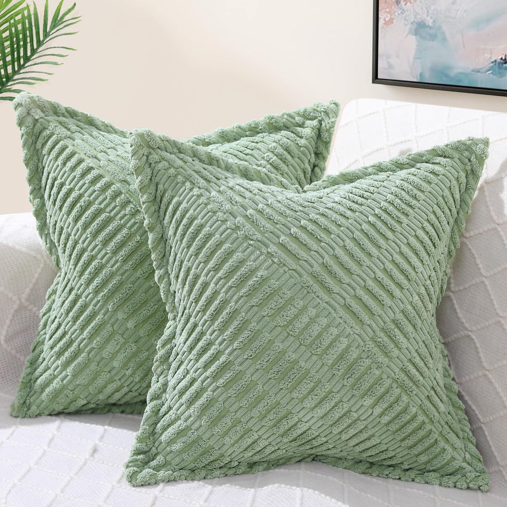 decorUhome Decorative Spring Sage Green Throw Pillow Covers 16x16 Set of 2 with Splicing, Boho Soft Corduroy Broadside Twill Pil