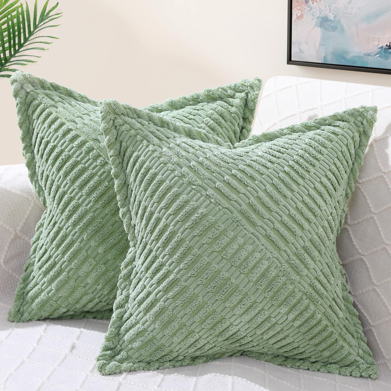 decorUhome Decorative Spring Sage Green Throw Pillow Covers 26x26 Set of 2 with Splicing, Boho Soft Corduroy Broadside Twill Pil