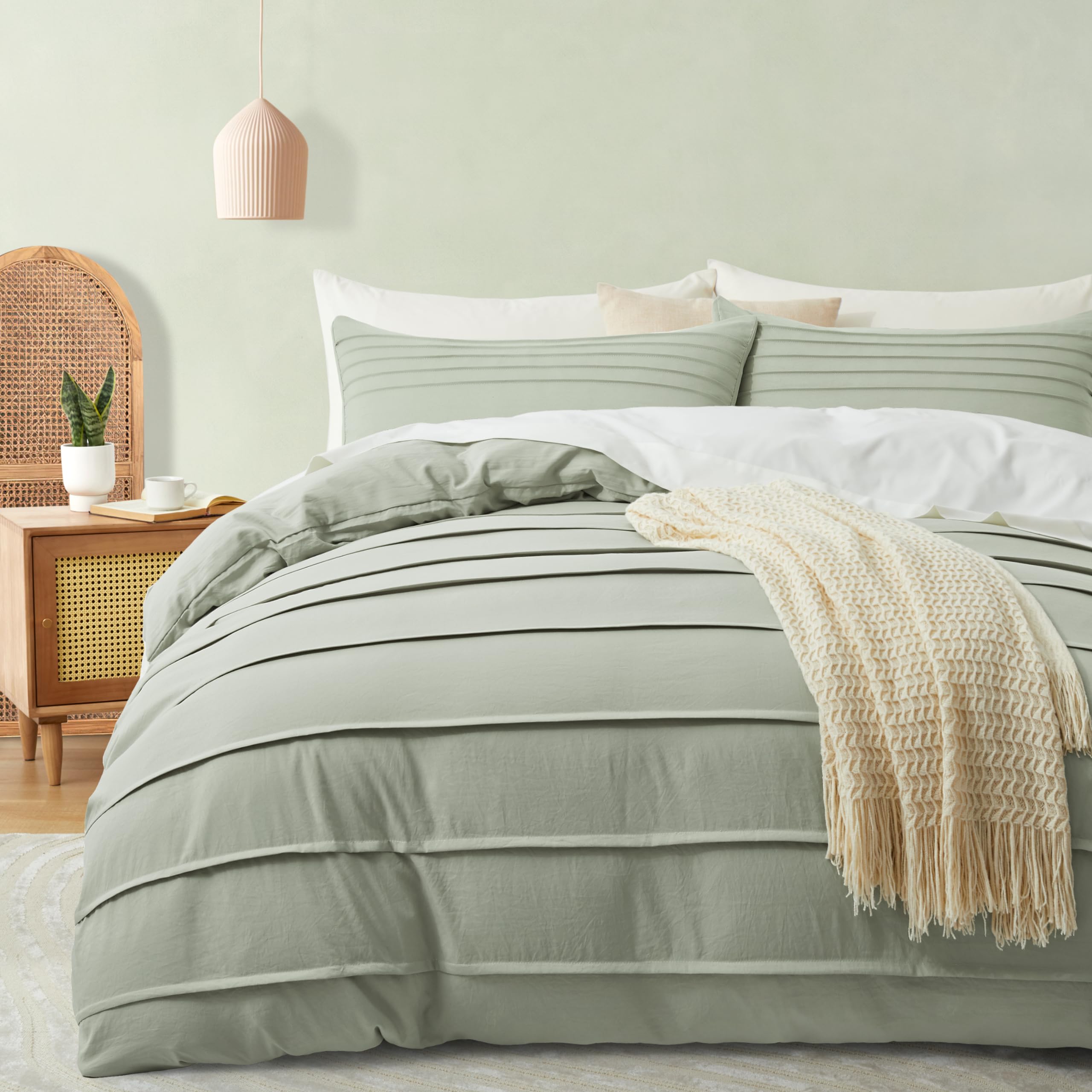 Oli Anderson Mist Sage Duvet Cover Queen Size - Pleated Queen Duvet Cover, 3Pcs Soft And Breathable Textured Bedding Set With Zi