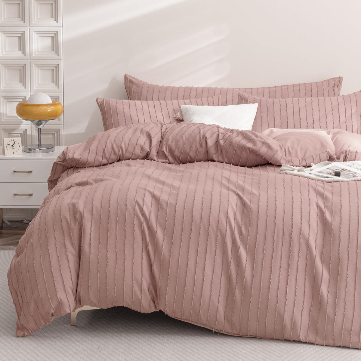 Jellymoni Pink Duvet Cover Full Size - 3Pcs Microfiber Tufted Duvet Cover Set, Boho Striped Tufted Textured Duvet Cover With Cor