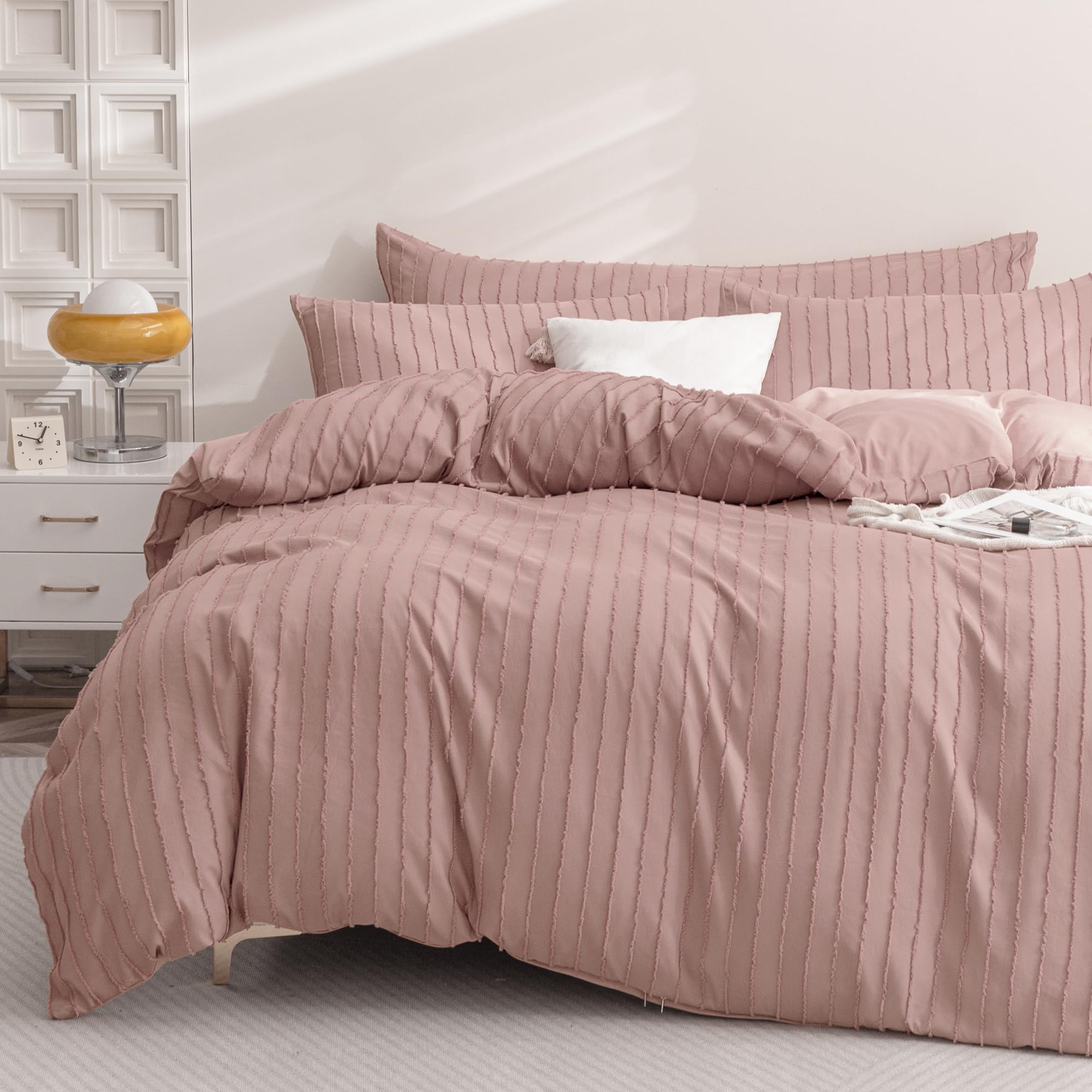 Jellymoni Pink Duvet Cover Full Size - 3Pcs Microfiber Tufted Duvet Cover Set, Boho Striped Tufted Textured Duvet Cover With Cor