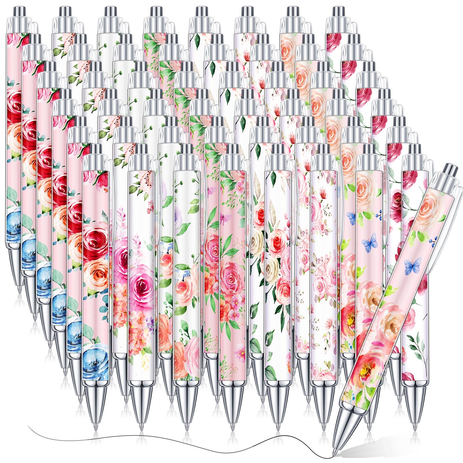 Cholemy 48 Pieces Flower Pens Bulk Spring Floral Ballpoint Pens Colorful Floral Retractable Black Ink For Women Spring Flower Wr