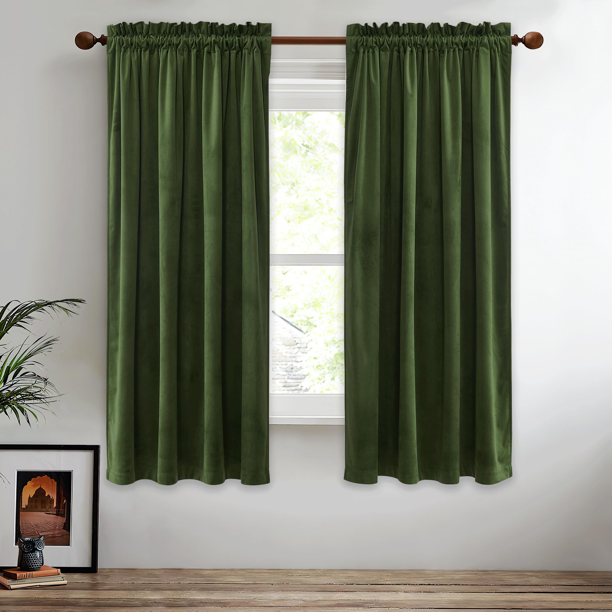 Stangh 63 Inch Length Moss Green Velvet Curtains Christmas Decor 2 Panels, Rod Pocket Soft Thick Drapes Light Dampening Heat & C