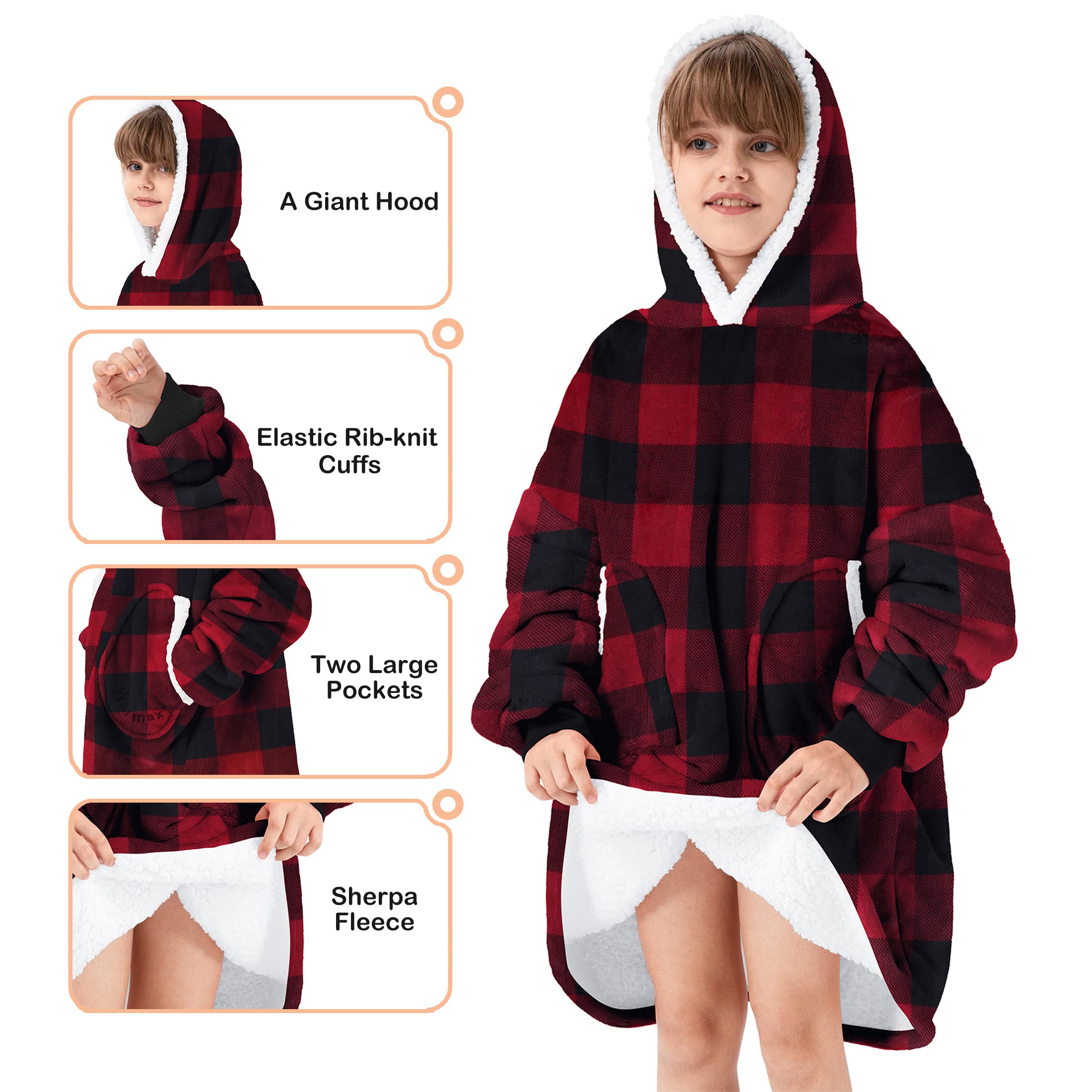Wearable Blanket For Kids Oversized Hoodie Blanket Plush Sherpa Hooded Sweatshirt For Boys, Girls Red And Black Plaid