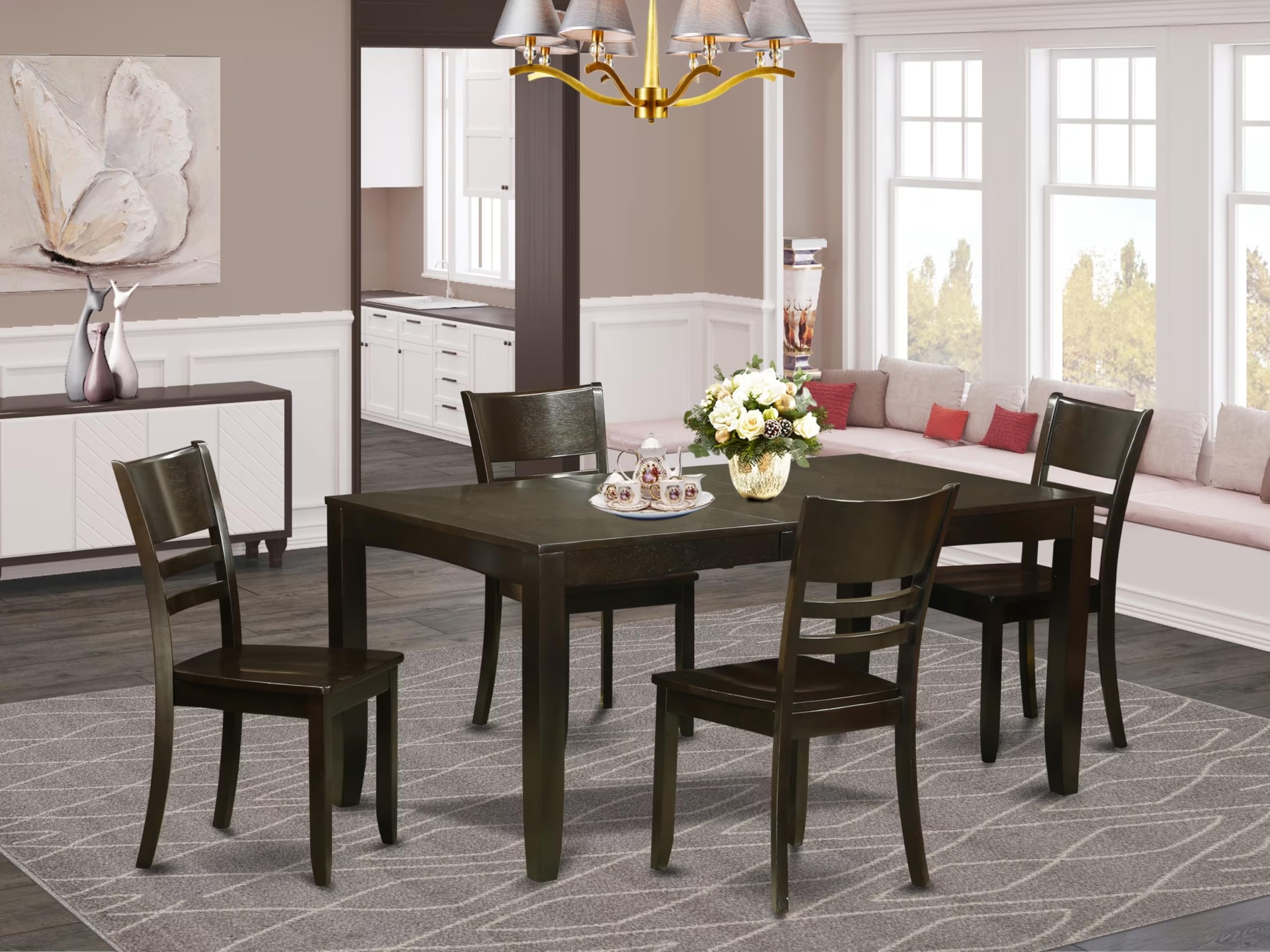 East West Furniture LYFD5-CAP-W Lynfield 5 Piece Dining Set for 4 Includes a Rectangle Kitchen Table with Butterfly Leaf and 4 Dinette Chairs, 36x66 Inch