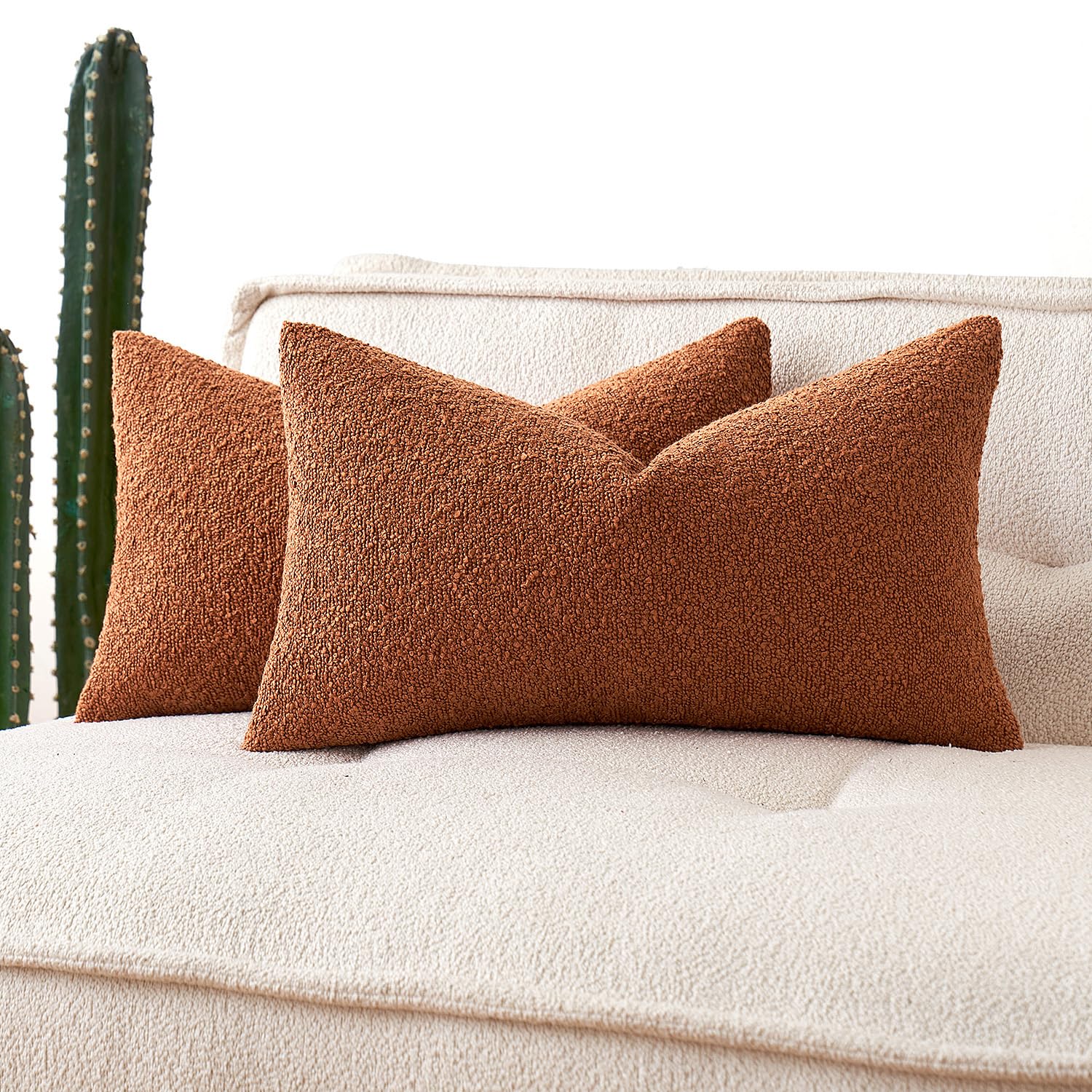 Miulee Set Of 2 Rust Fall Throw Pillow Covers 12X20 Inch Decorative Couch Pillow Covers Textured Boucle Accent Solid Pillow Case